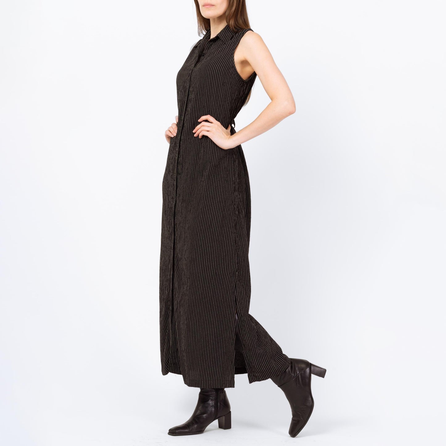 Vintage 90s Black Pinstriped Drawstring Waist Maxi Dress - Small | Linen Blend Minimalist Sleeveless Collared Button Up Dress