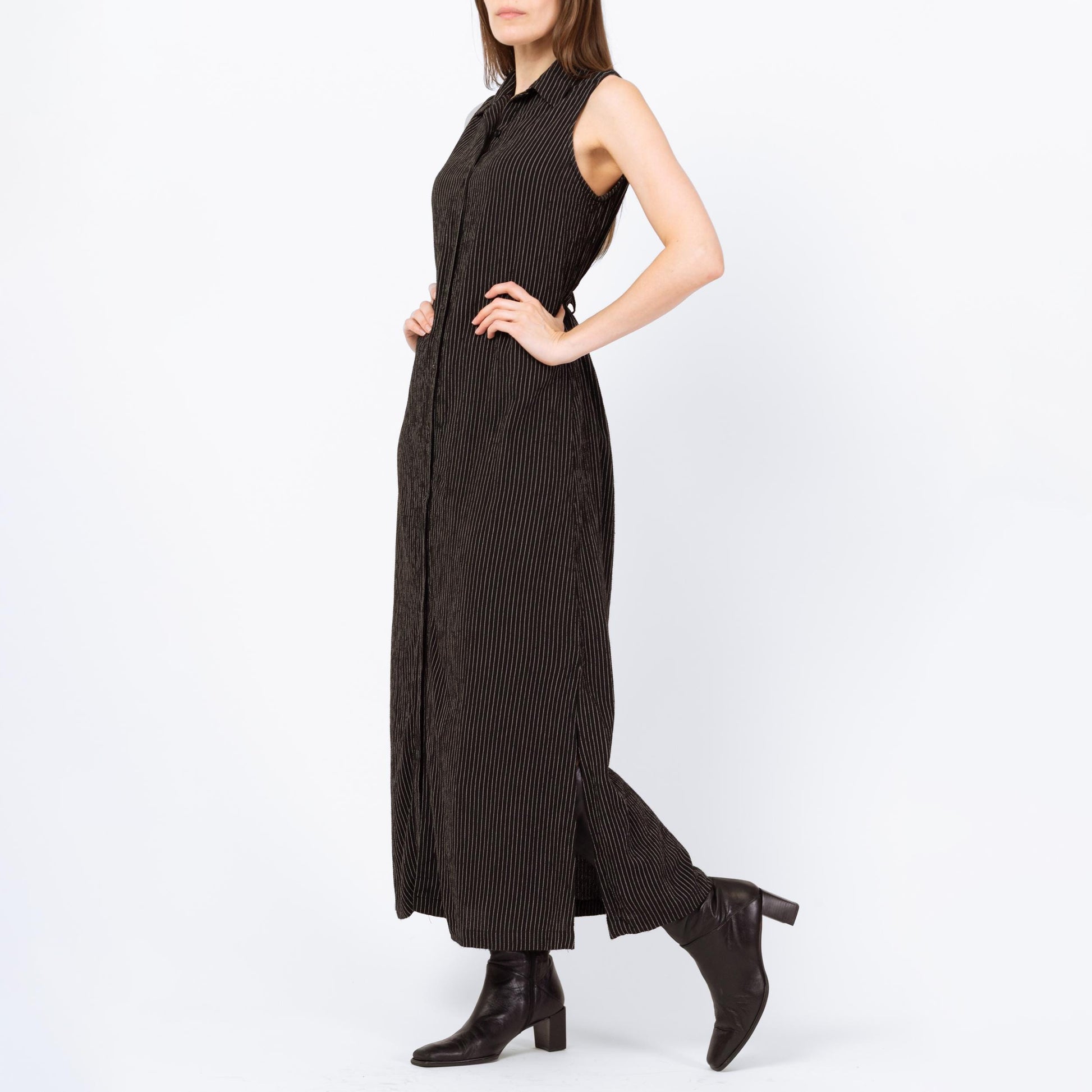 Vintage 90s Black Pinstriped Drawstring Waist Maxi Dress - Small | Linen Blend Minimalist Sleeveless Collared Button Up Dress
