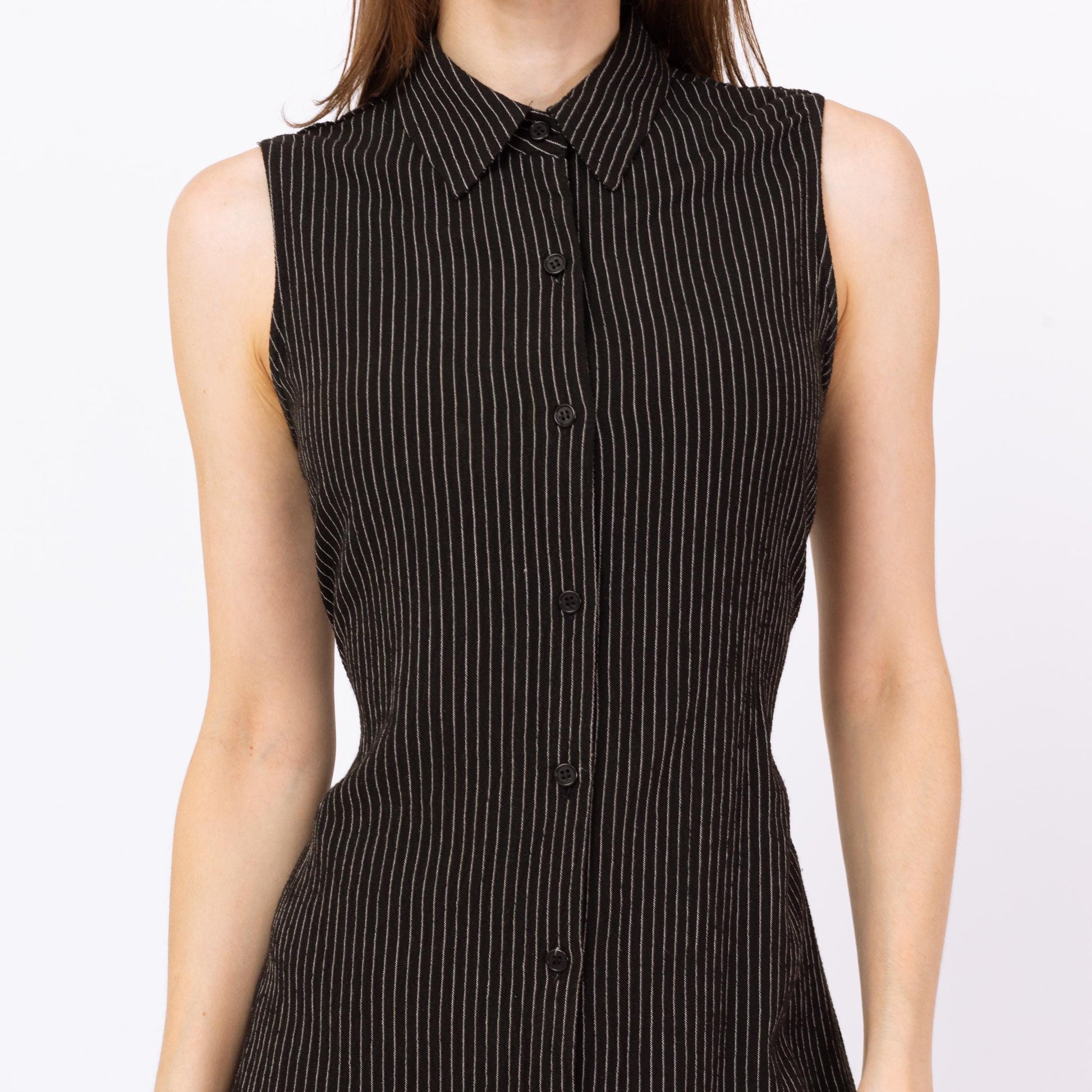 Vintage 90s Black Pinstriped Drawstring Waist Maxi Dress - Small | Linen Blend Minimalist Sleeveless Collared Button Up Dress