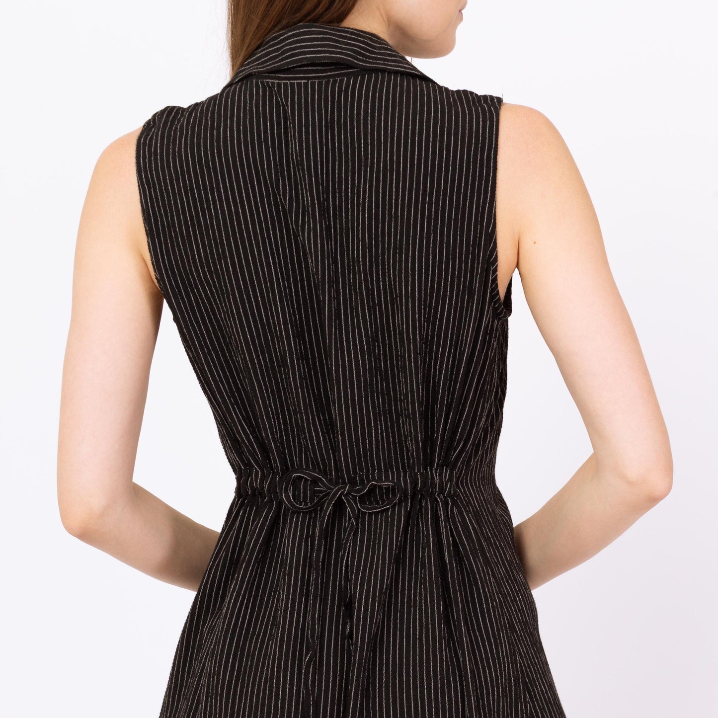 Vintage 90s Black Pinstriped Drawstring Waist Maxi Dress - Small | Linen Blend Minimalist Sleeveless Collared Button Up Dress