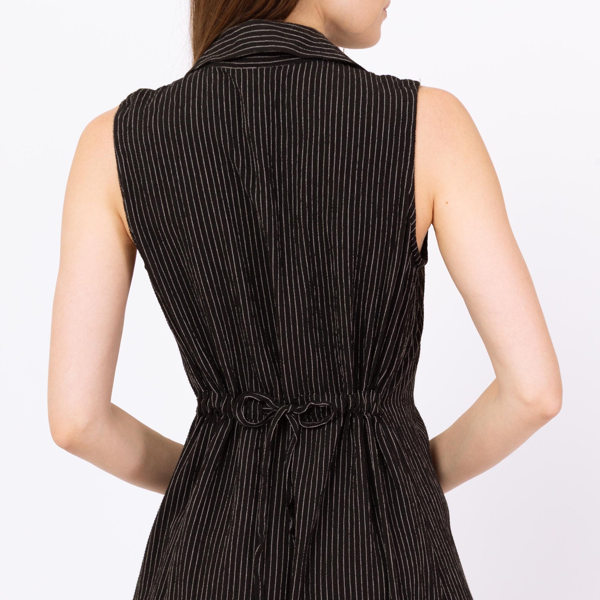Vintage 90s Black Pinstriped Drawstring Waist Maxi Dress - Small | Linen Blend Minimalist Sleeveless Collared Button Up Dress