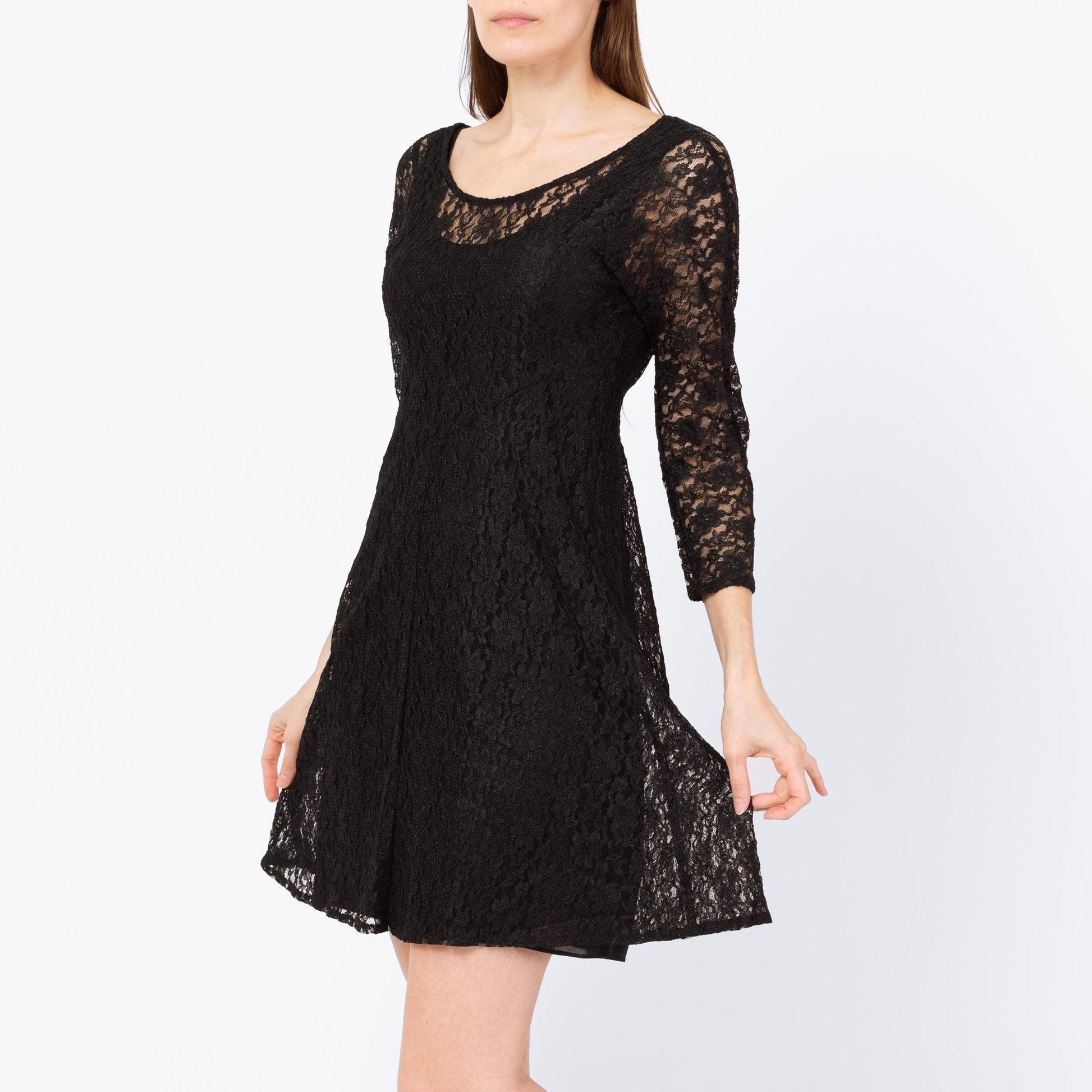 Vintage 90s Black Sheer Lace Mini Dress - Small | Long Sleeve Goth Grunge Dress