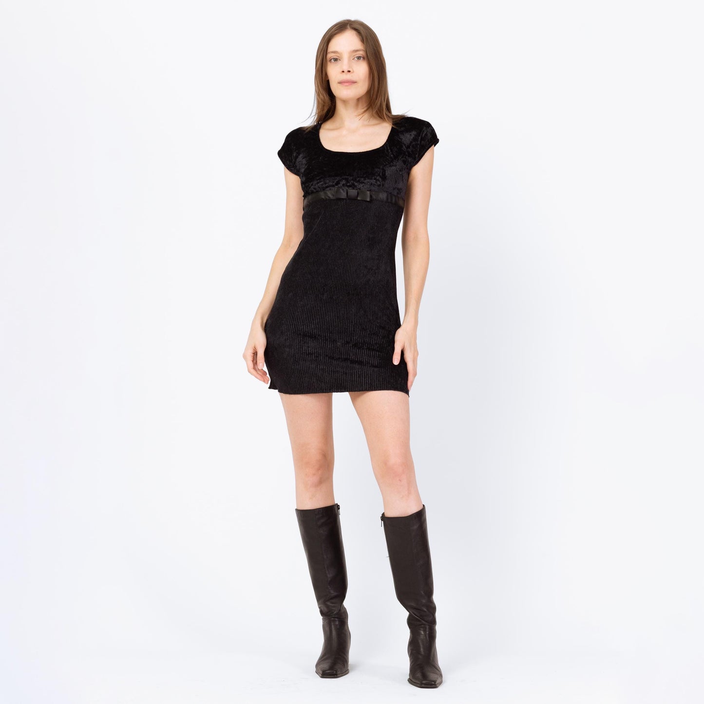 Vintage 90s Black Velvet Babydoll Mini Dress - Small | Gothic Short Sleeve Bodycon Dress