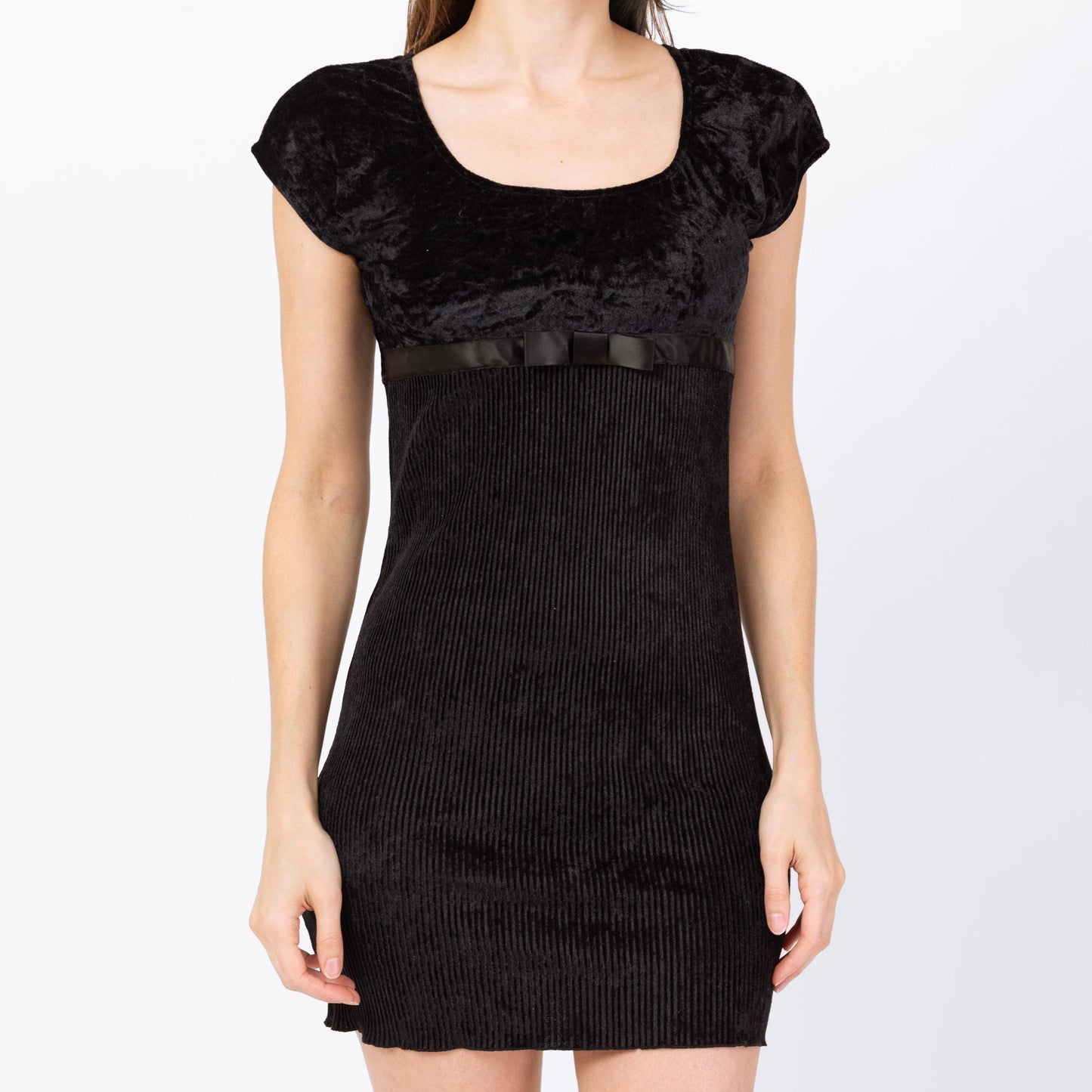 Vintage 90s Black Velvet Babydoll Mini Dress - Small | Gothic Short Sleeve Bodycon Dress