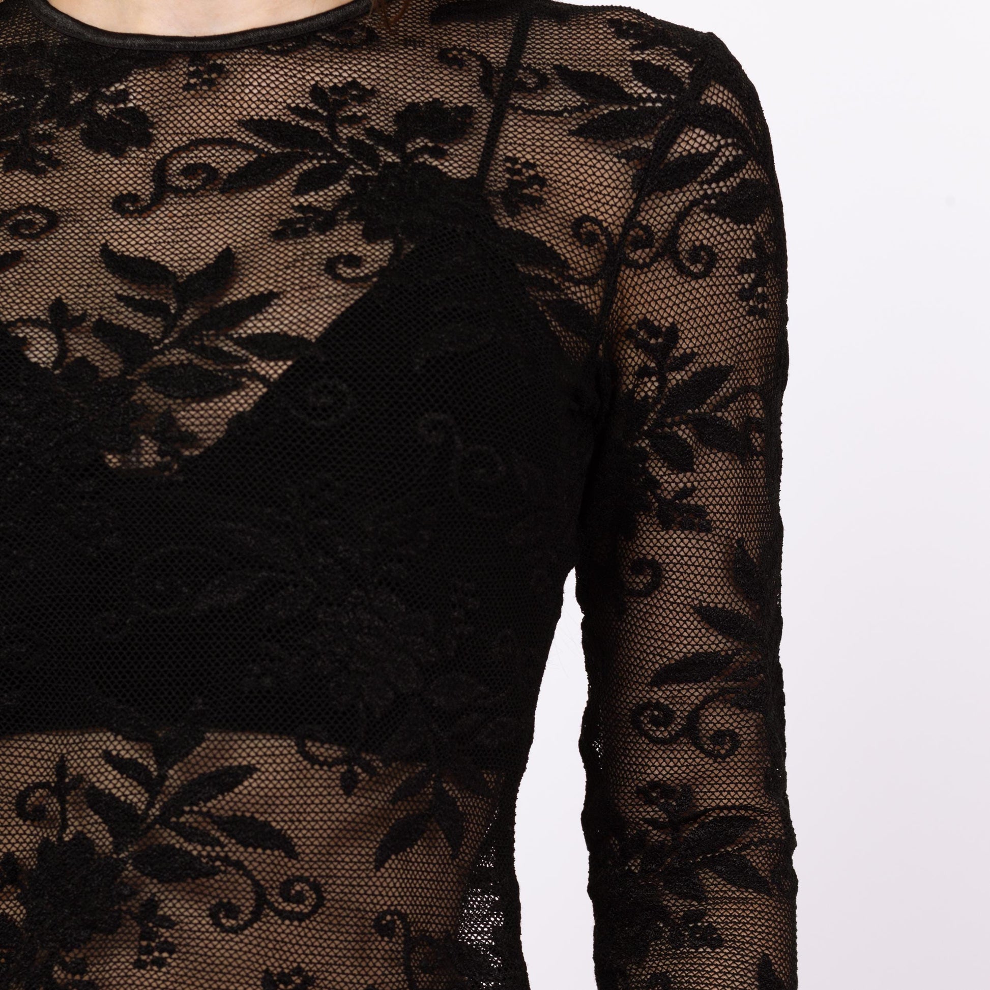 Vintage 90s Sheer Black Floral Lace Crop Top - Medium | Gothic Long Sleeve Cropped Blouse