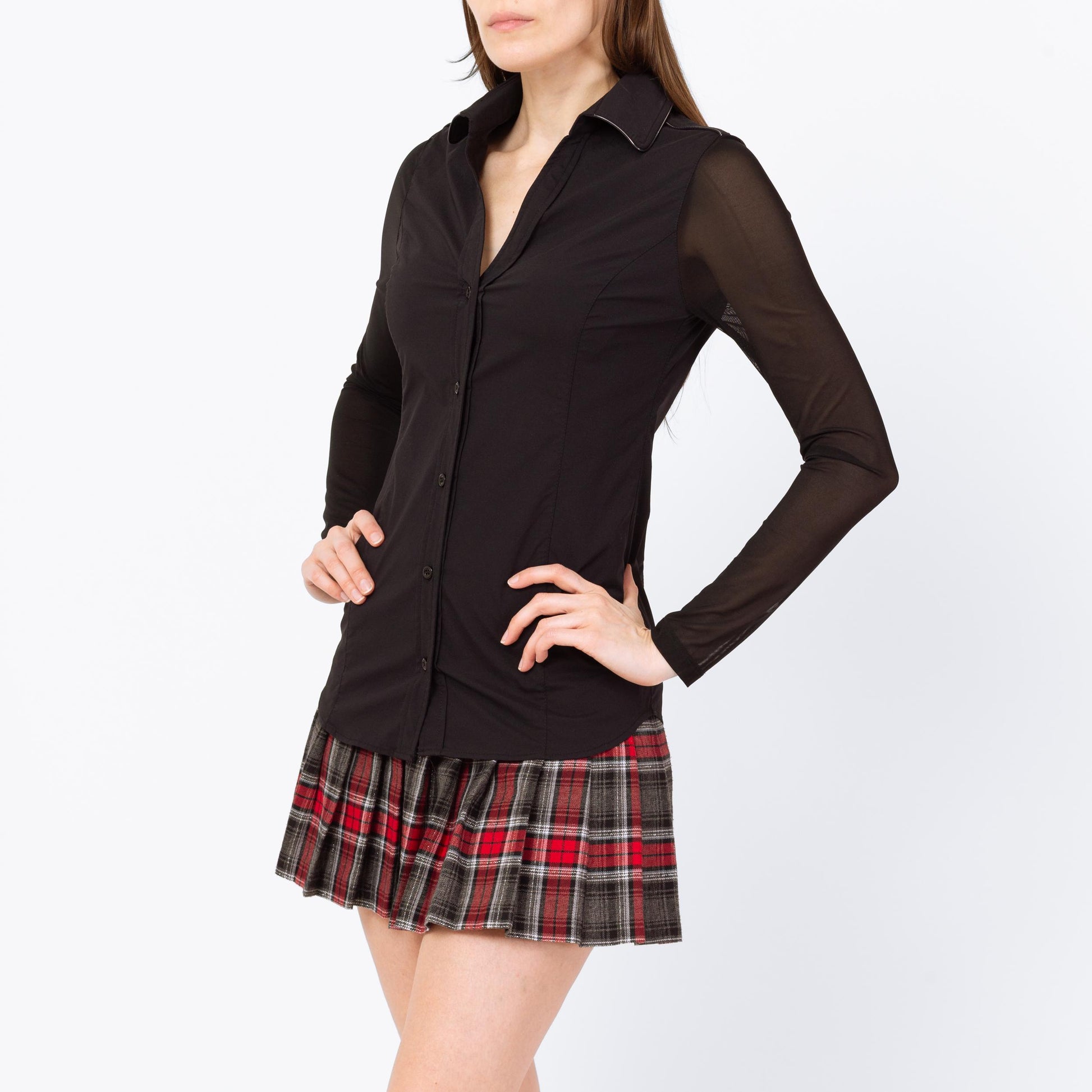 Y2K Black Sheer Sleeve Button Up Top - Extra Small | Anatomie Gothic Clubwear, Collared Long Sleeve Blouse