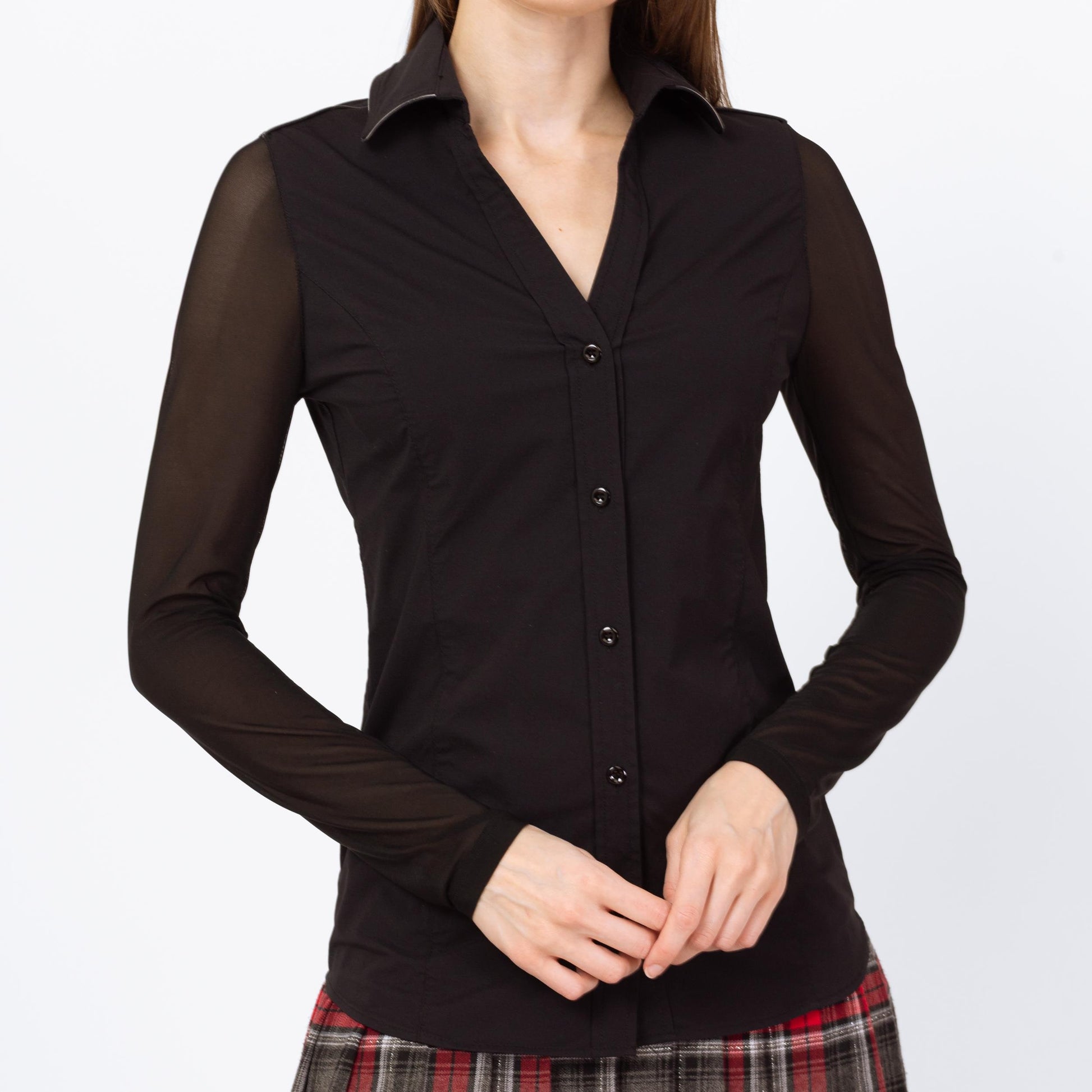 Y2K Black Sheer Sleeve Button Up Top - Extra Small | Anatomie Gothic Clubwear, Collared Long Sleeve Blouse