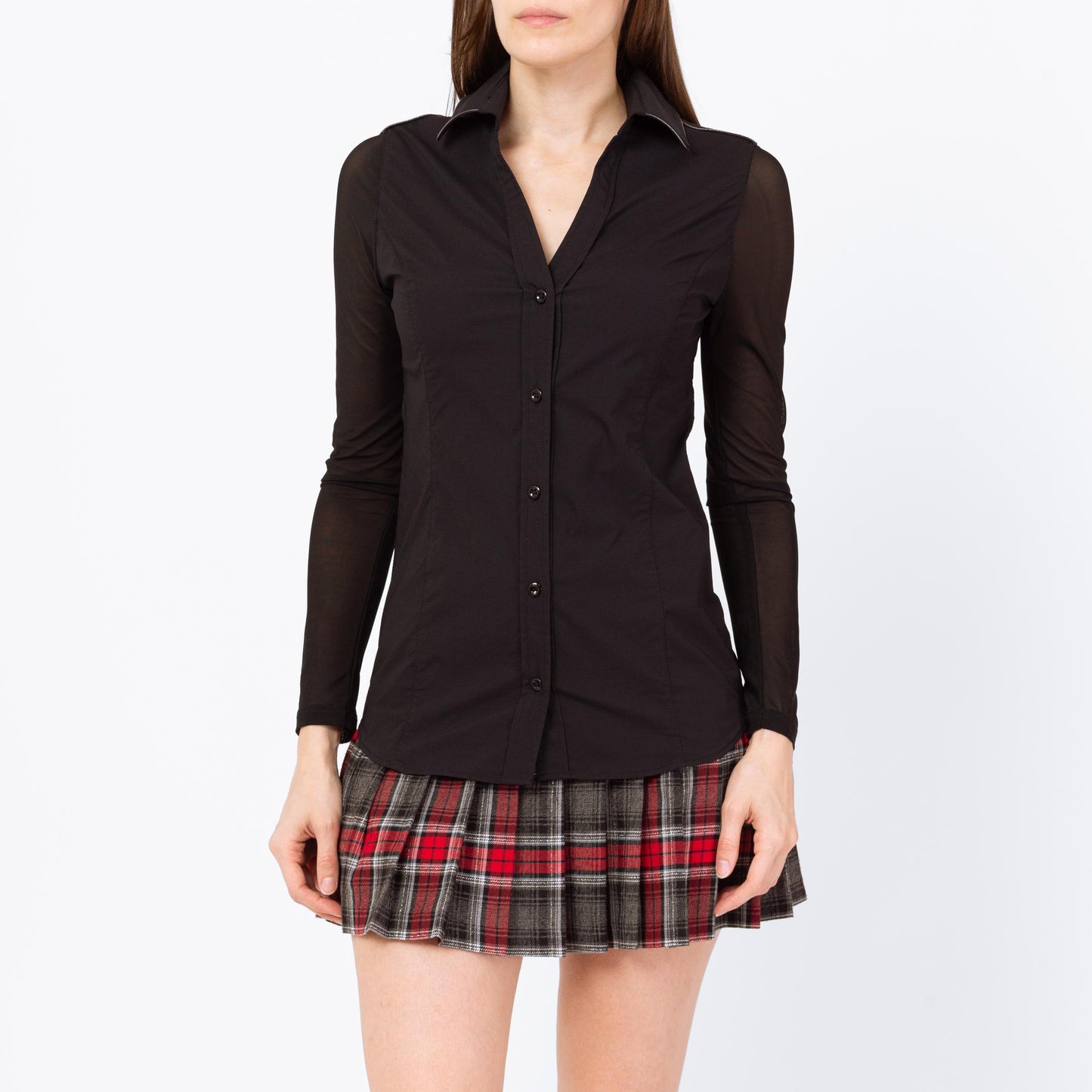 Y2K Black Sheer Sleeve Button Up Top - Extra Small | Anatomie Gothic Clubwear, Collared Long Sleeve Blouse