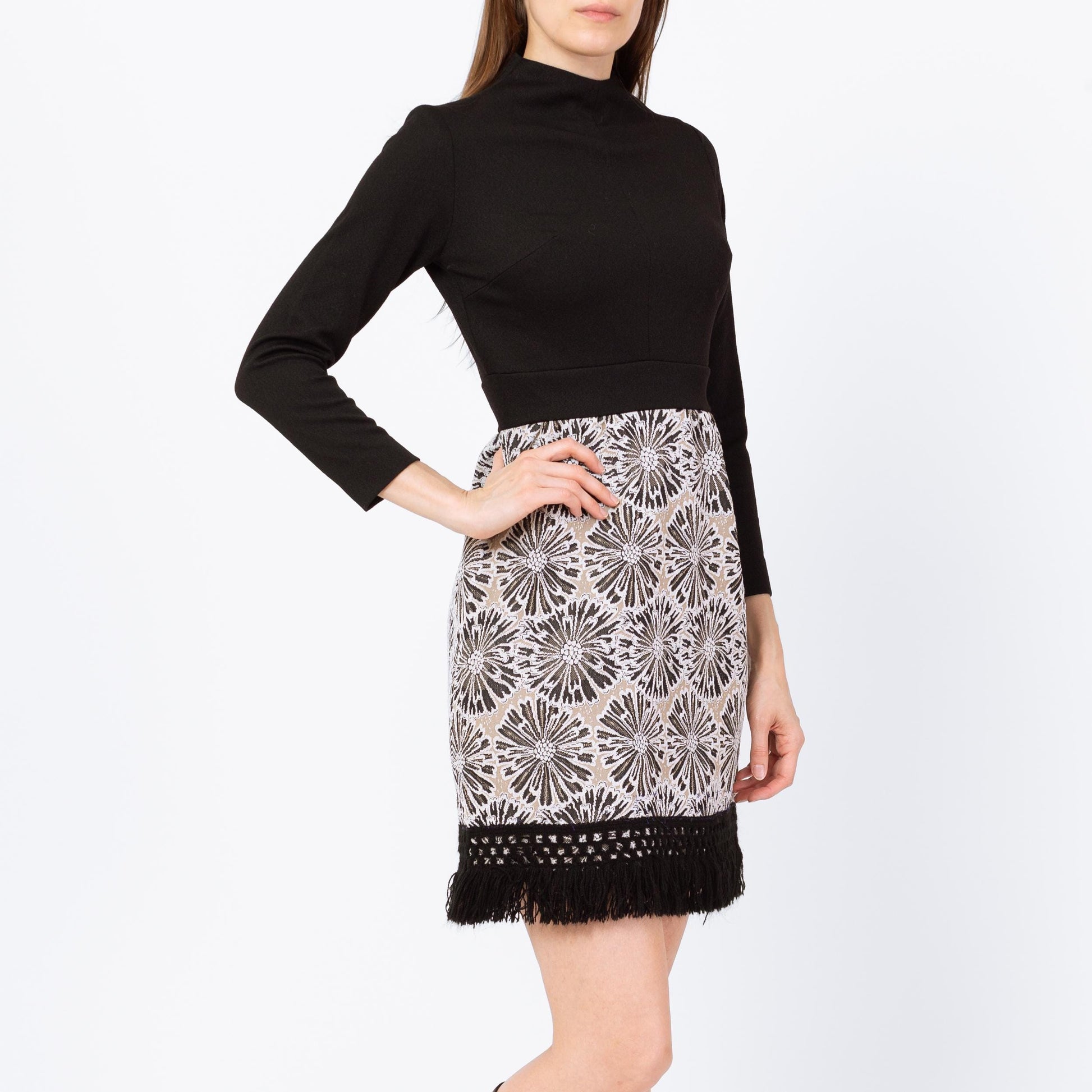 Vintage 60s Mod Black Floral Fringe Mini Dress - Extra Small | Retro Mockneck Long Sleeve A Line Dress