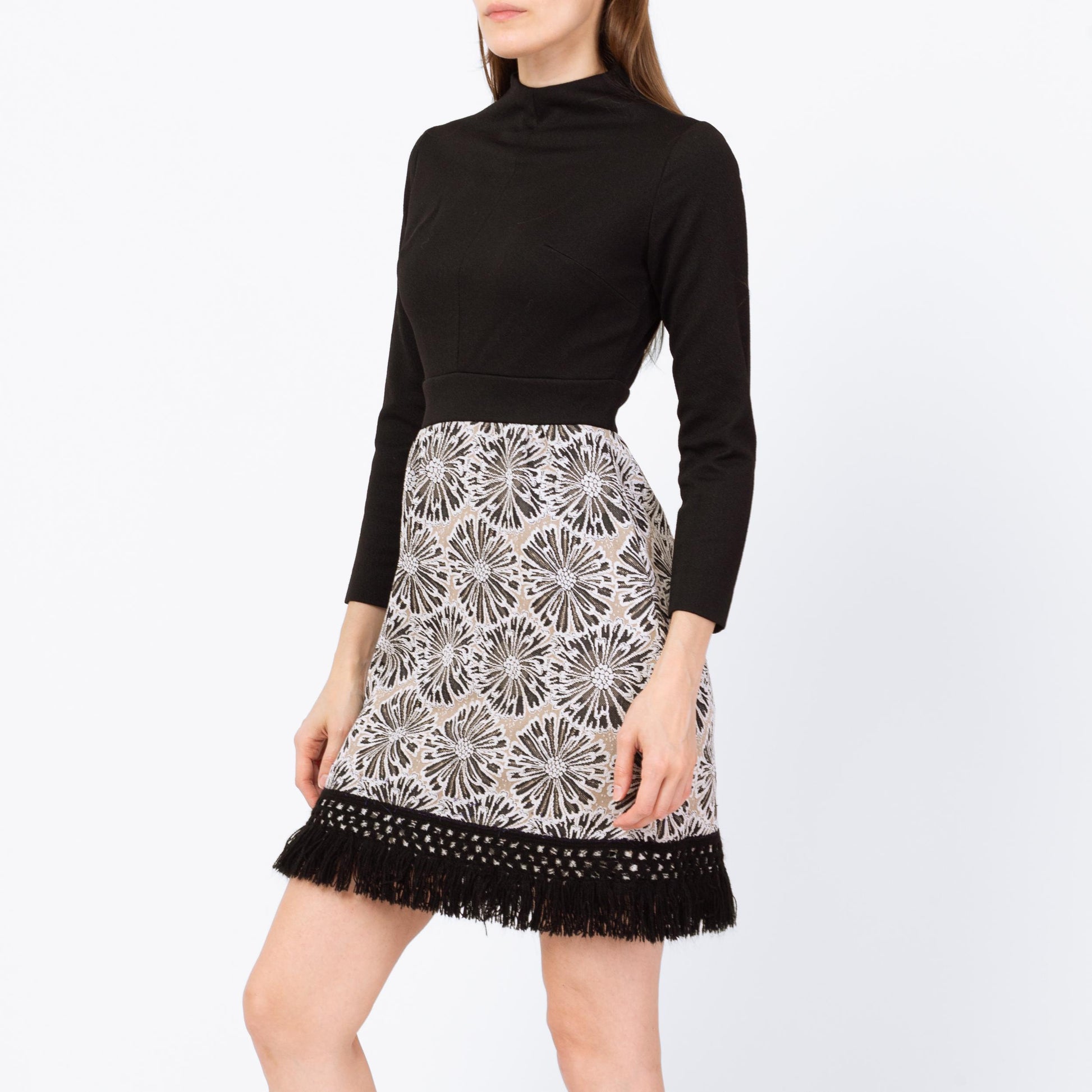 Vintage 60s Mod Black Floral Fringe Mini Dress - Extra Small | Retro Mockneck Long Sleeve A Line Dress