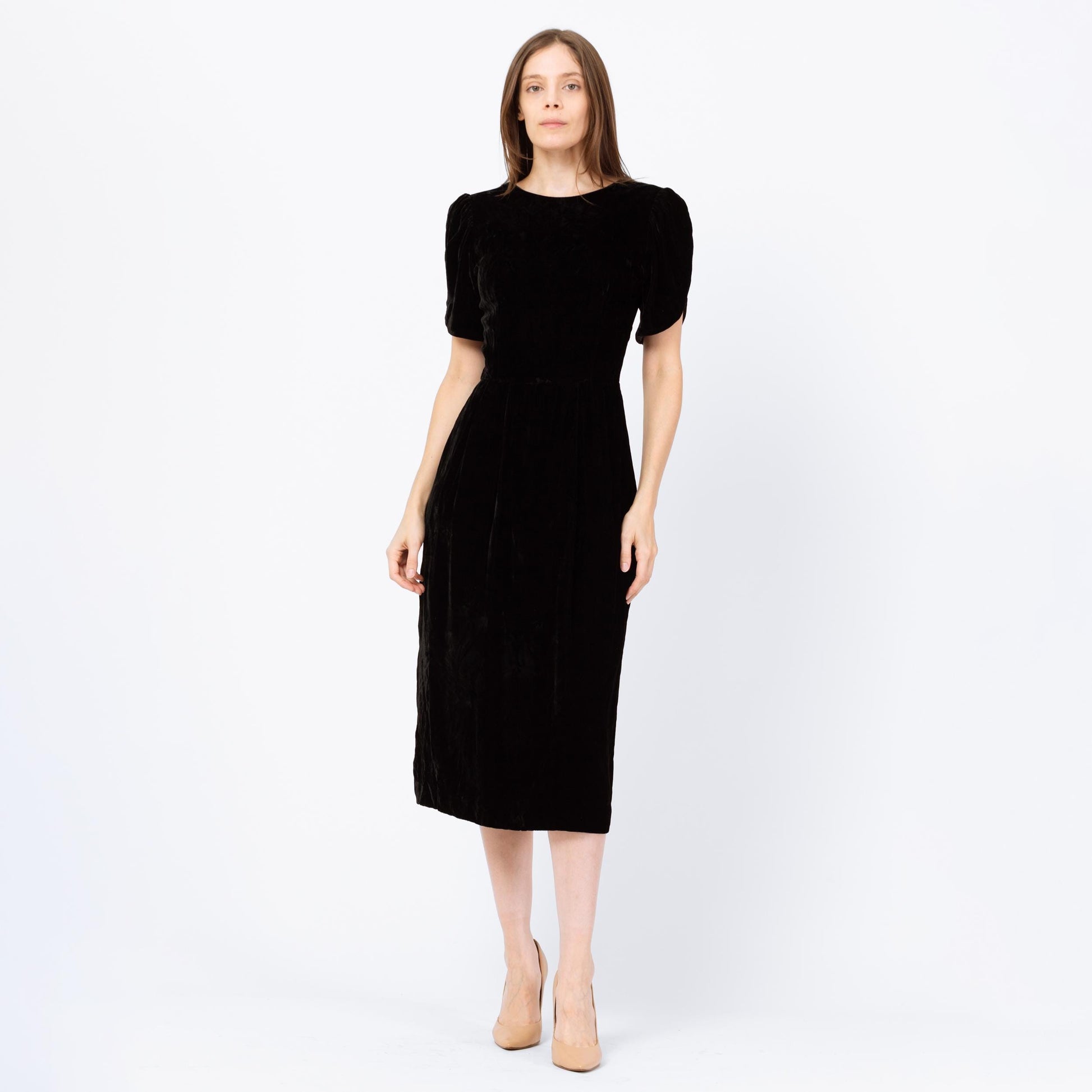 Vintage 80s Does 40s Black Velvet Low Back Midi Dress - Small | Lanz Originals Short Puff Sleeve Wiggle Dress