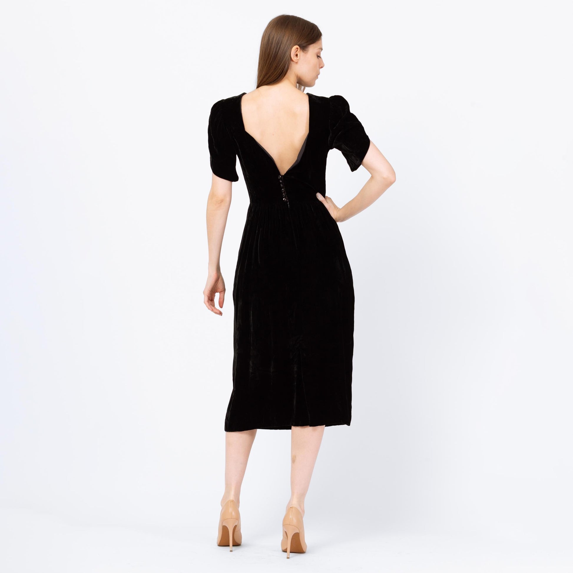 Vintage 80s Does 40s Black Velvet Low Back Midi Dress - Small | Lanz Originals Short Puff Sleeve Wiggle Dress
