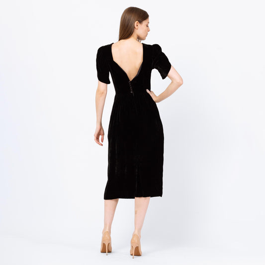 Vintage 80s Does 40s Black Velvet Low Back Midi Dress - Small | Lanz Originals Short Puff Sleeve Wiggle Dress