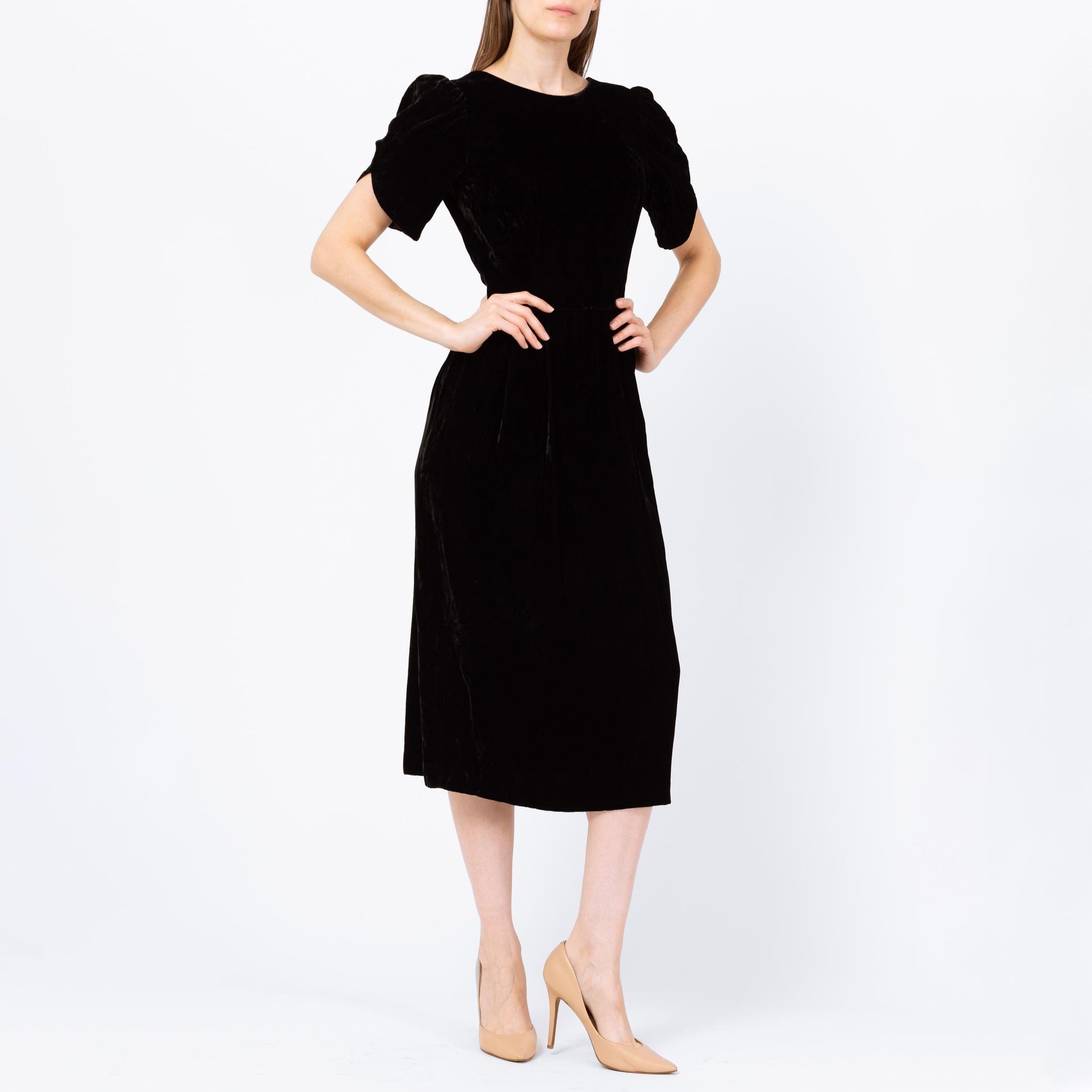 Vintage 80s Does 40s Black Velvet Low Back Midi Dress - Small | Lanz Originals Short Puff Sleeve Wiggle Dress