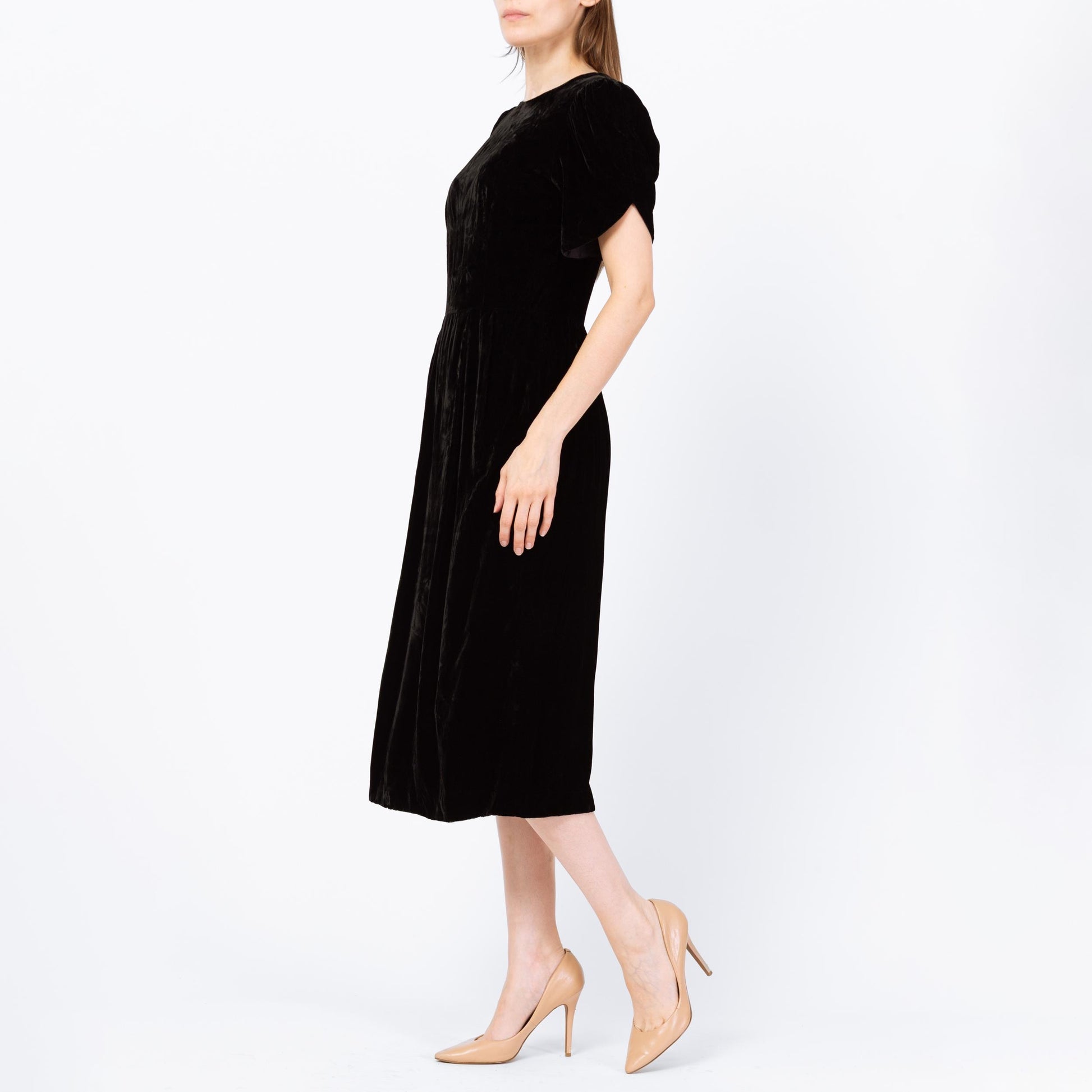 Vintage 80s Does 40s Black Velvet Low Back Midi Dress - Small | Lanz Originals Short Puff Sleeve Wiggle Dress