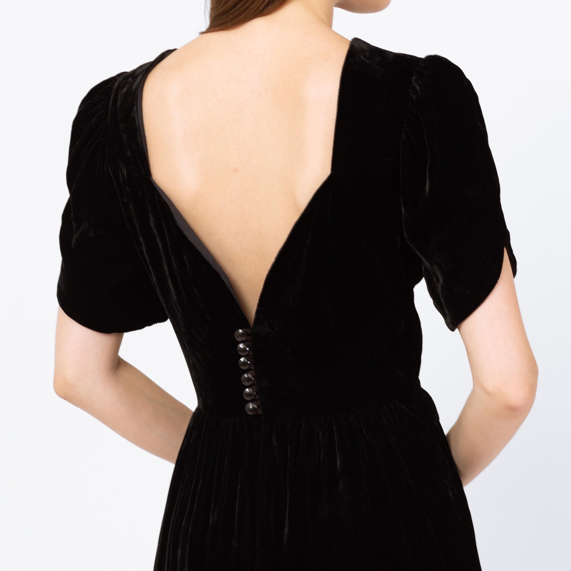 Vintage 80s Does 40s Black Velvet Low Back Midi Dress - Small | Lanz Originals Short Puff Sleeve Wiggle Dress