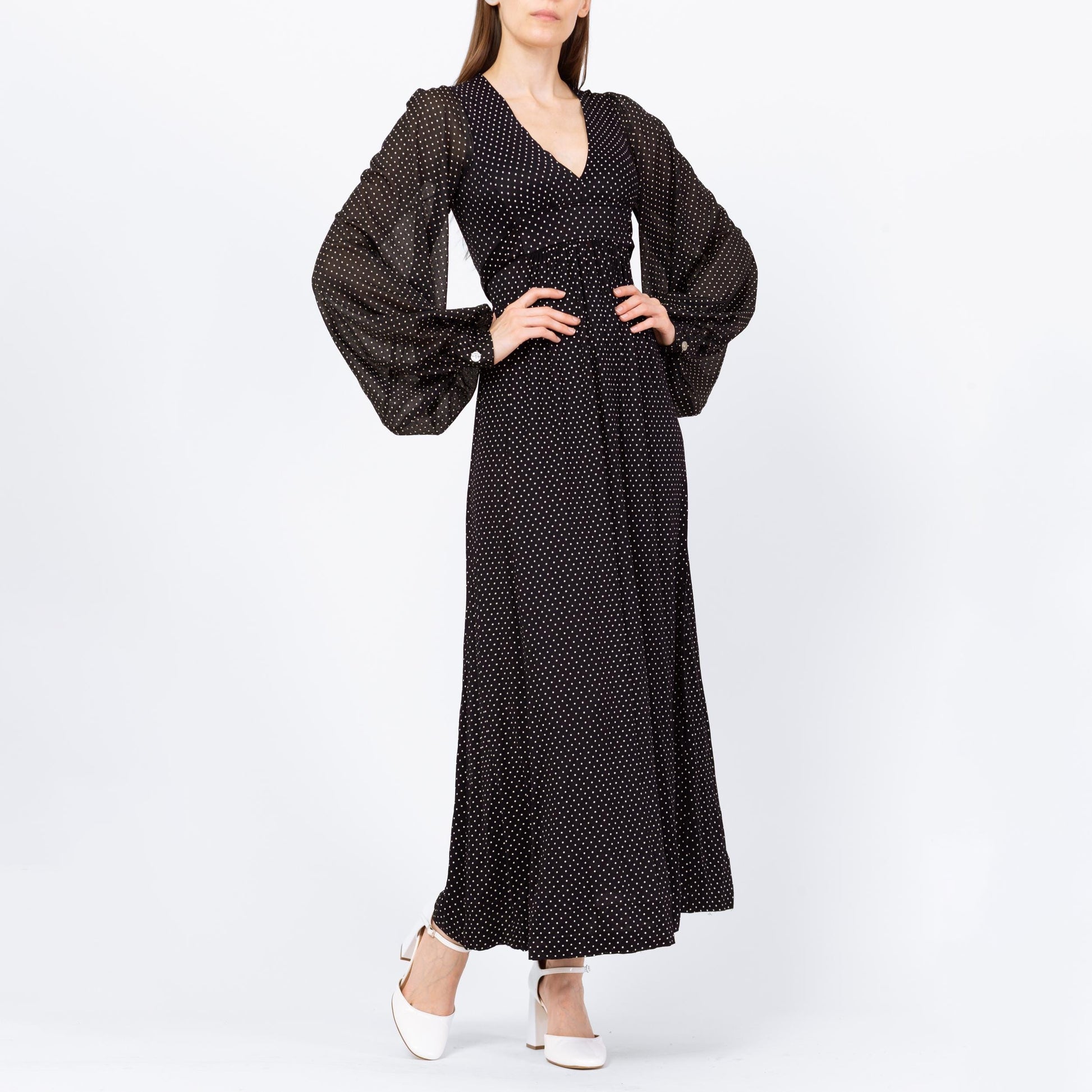 Vintage 70s Black & White Swiss Dot Balloon Sleeve Maxi Dress - Extra Small | Long Sleeve Bohemian Gothic Prairie Dress