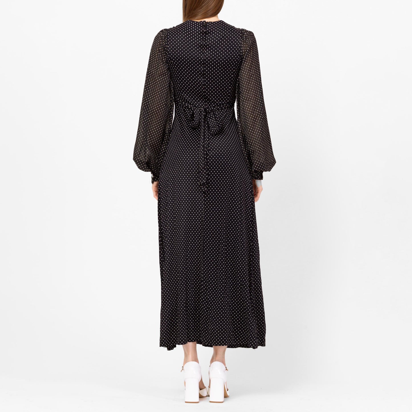 Vintage 70s Black & White Swiss Dot Balloon Sleeve Maxi Dress - Extra Small | Long Sleeve Bohemian Gothic Prairie Dress