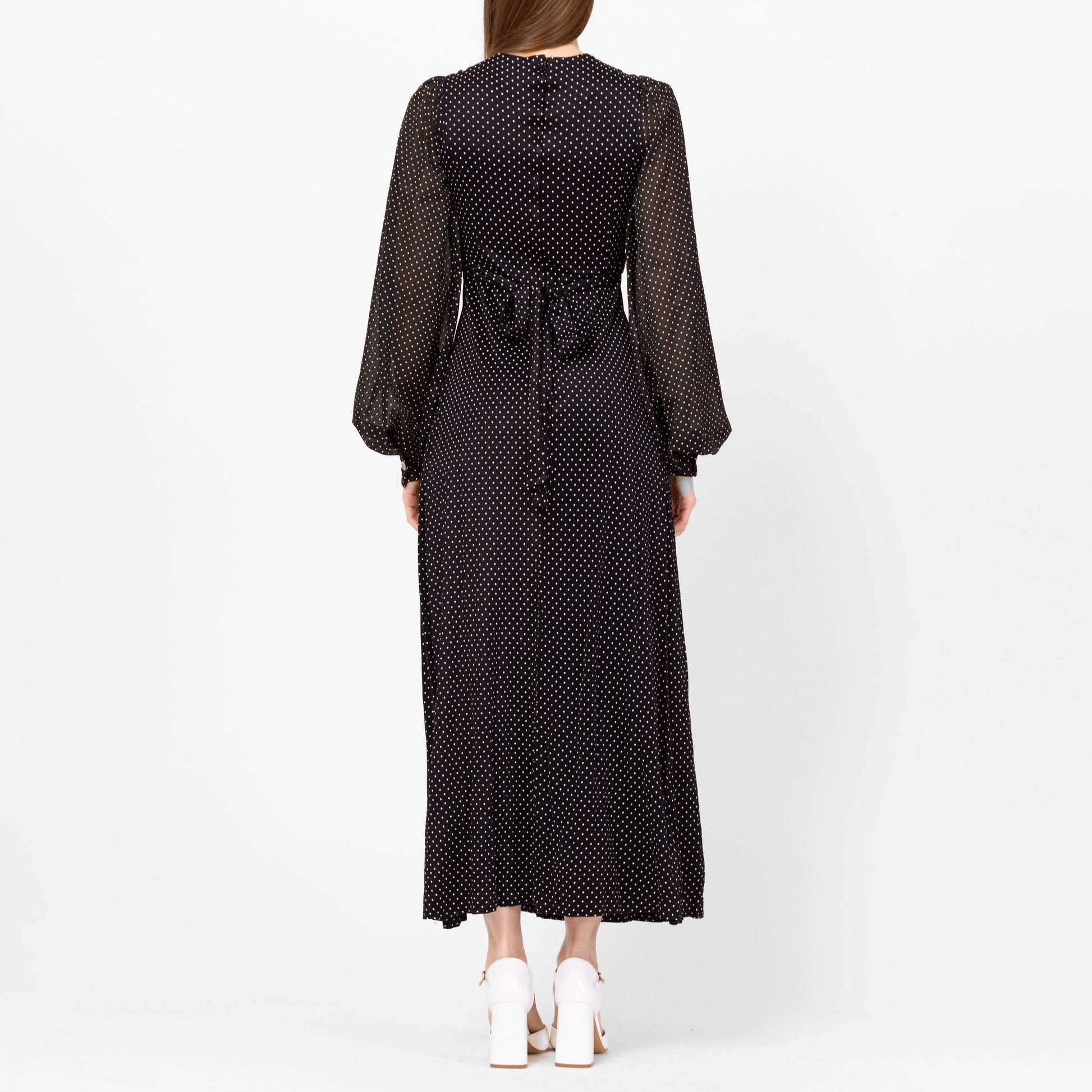 Vintage 70s Black & White Swiss Dot Balloon Sleeve Maxi Dress - Extra Small | Long Sleeve Bohemian Gothic Prairie Dress