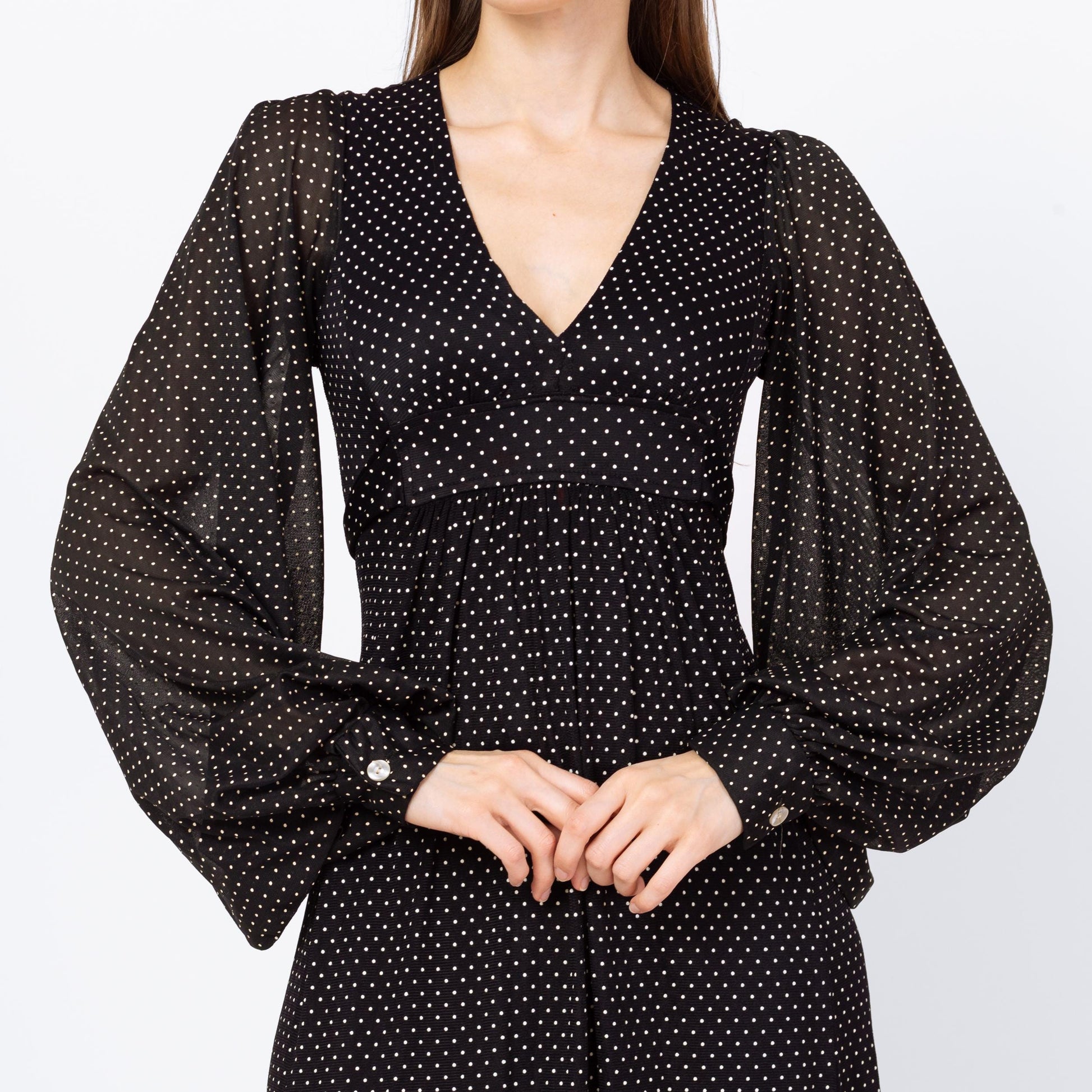 Vintage 70s Black & White Swiss Dot Balloon Sleeve Maxi Dress - Extra Small | Long Sleeve Bohemian Gothic Prairie Dress
