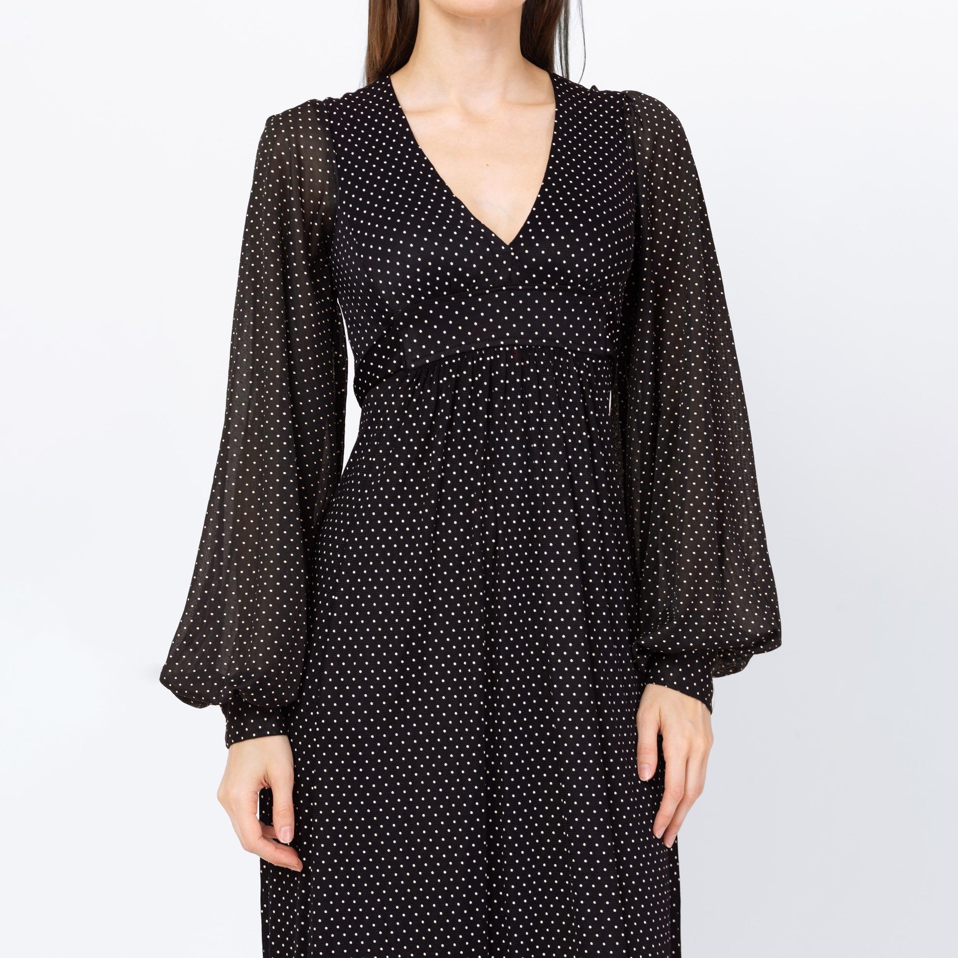 Vintage 70s Black & White Swiss Dot Balloon Sleeve Maxi Dress - Extra Small | Long Sleeve Bohemian Gothic Prairie Dress