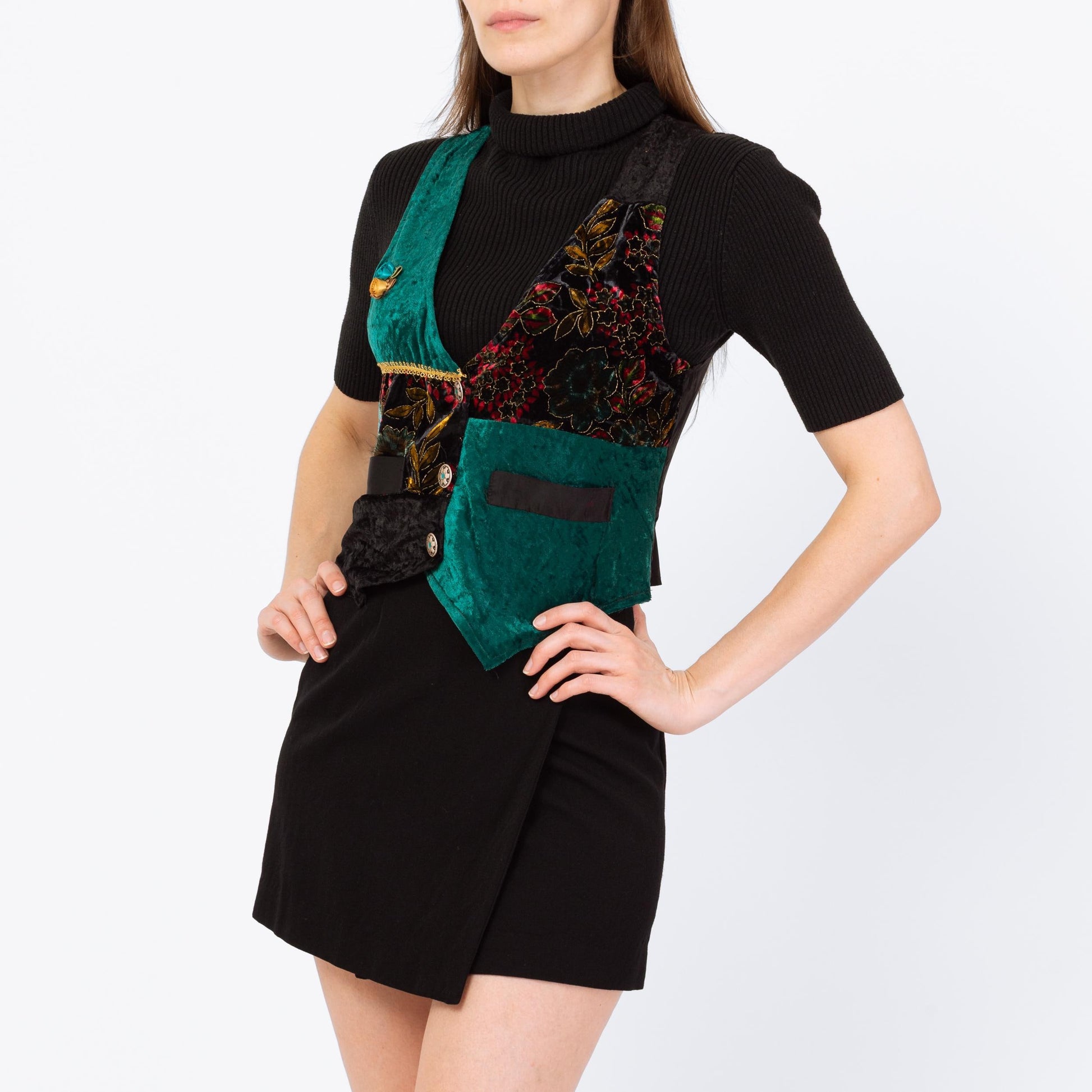 Vintage 90s Patchwork Velvet Crop Top Vest - Small | Whimsigoth Top, Black & Green Grunge Button Up Sleeveless Shirt