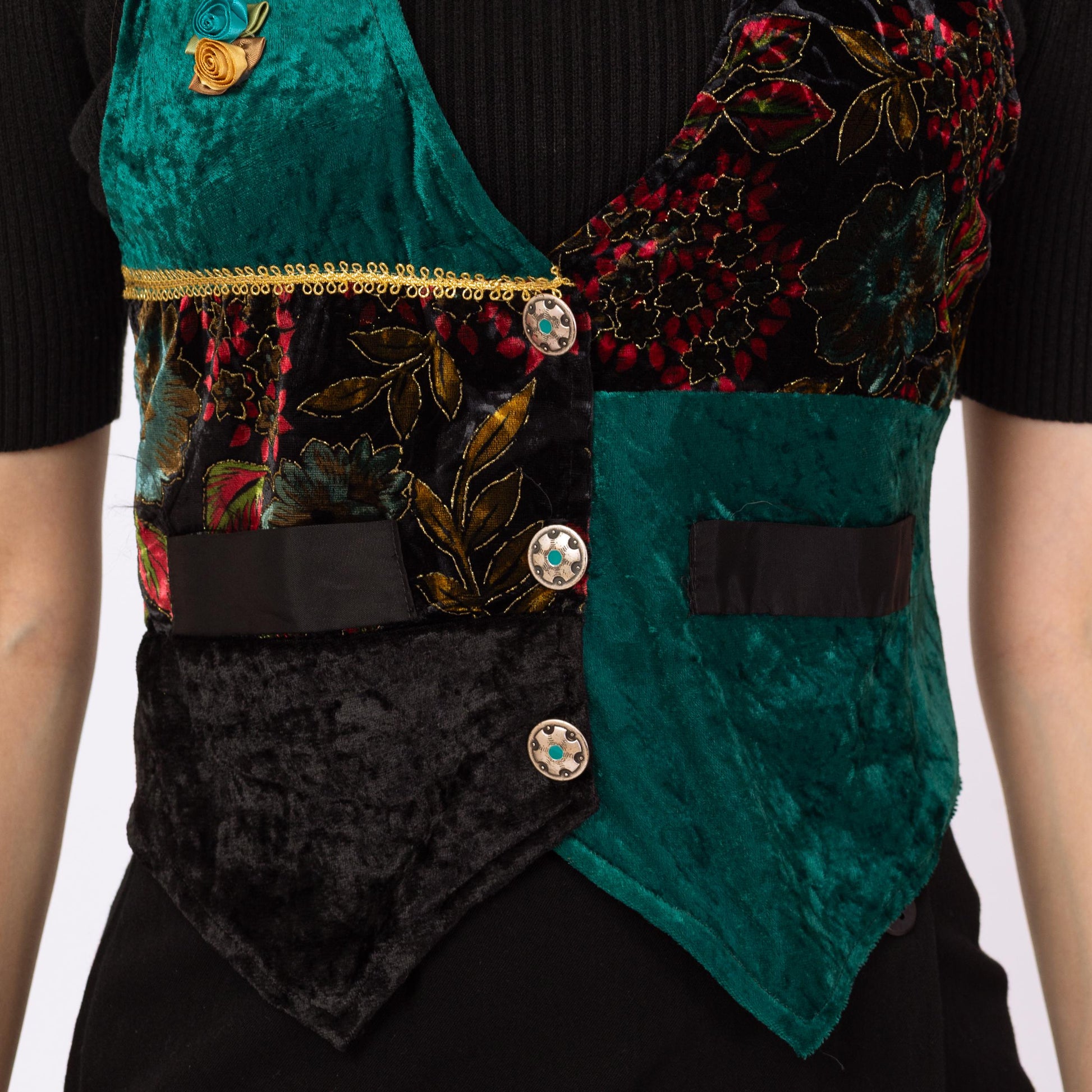 Vintage 90s Patchwork Velvet Crop Top Vest - Small | Whimsigoth Top, Black & Green Grunge Button Up Sleeveless Shirt