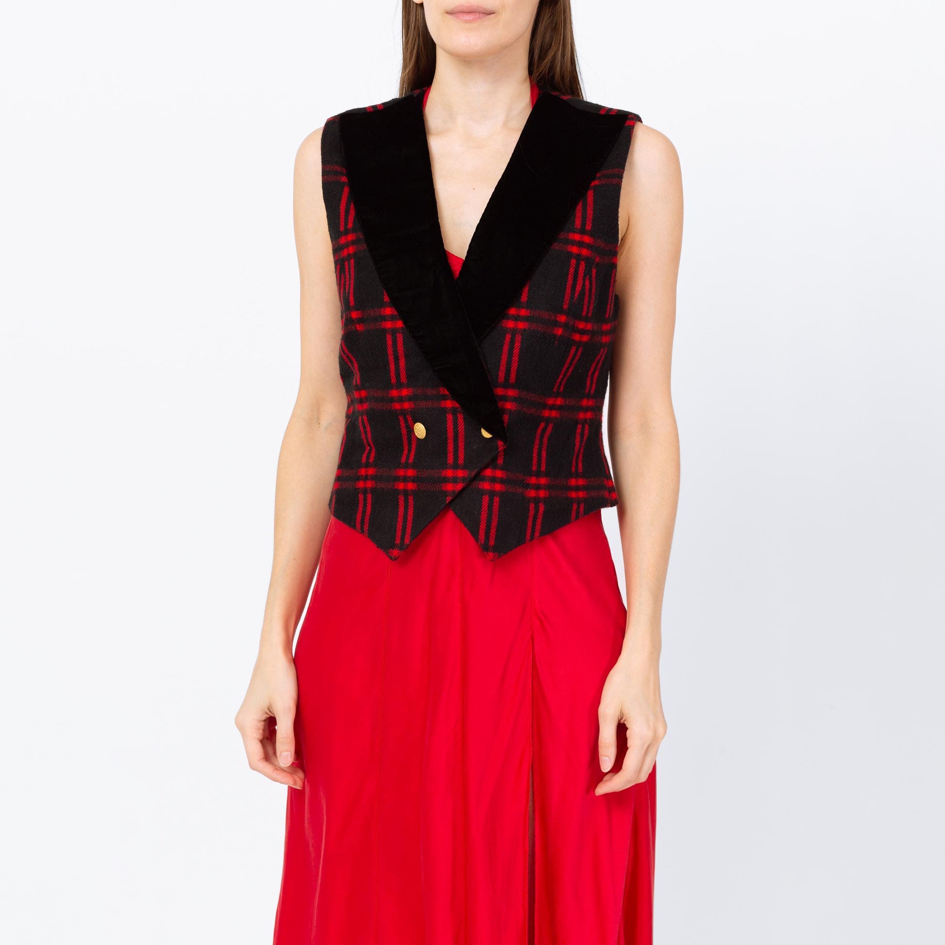 Vintage 90s Black & Red Plaid Knit Crop Top Vest - Small | Grunge Clothing, Sleeveless Collared Shirt