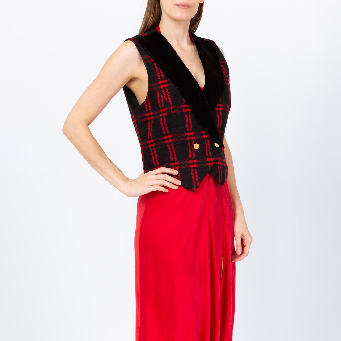 Vintage 90s Black & Red Plaid Knit Crop Top Vest - Small | Grunge Clothing, Sleeveless Collared Shirt