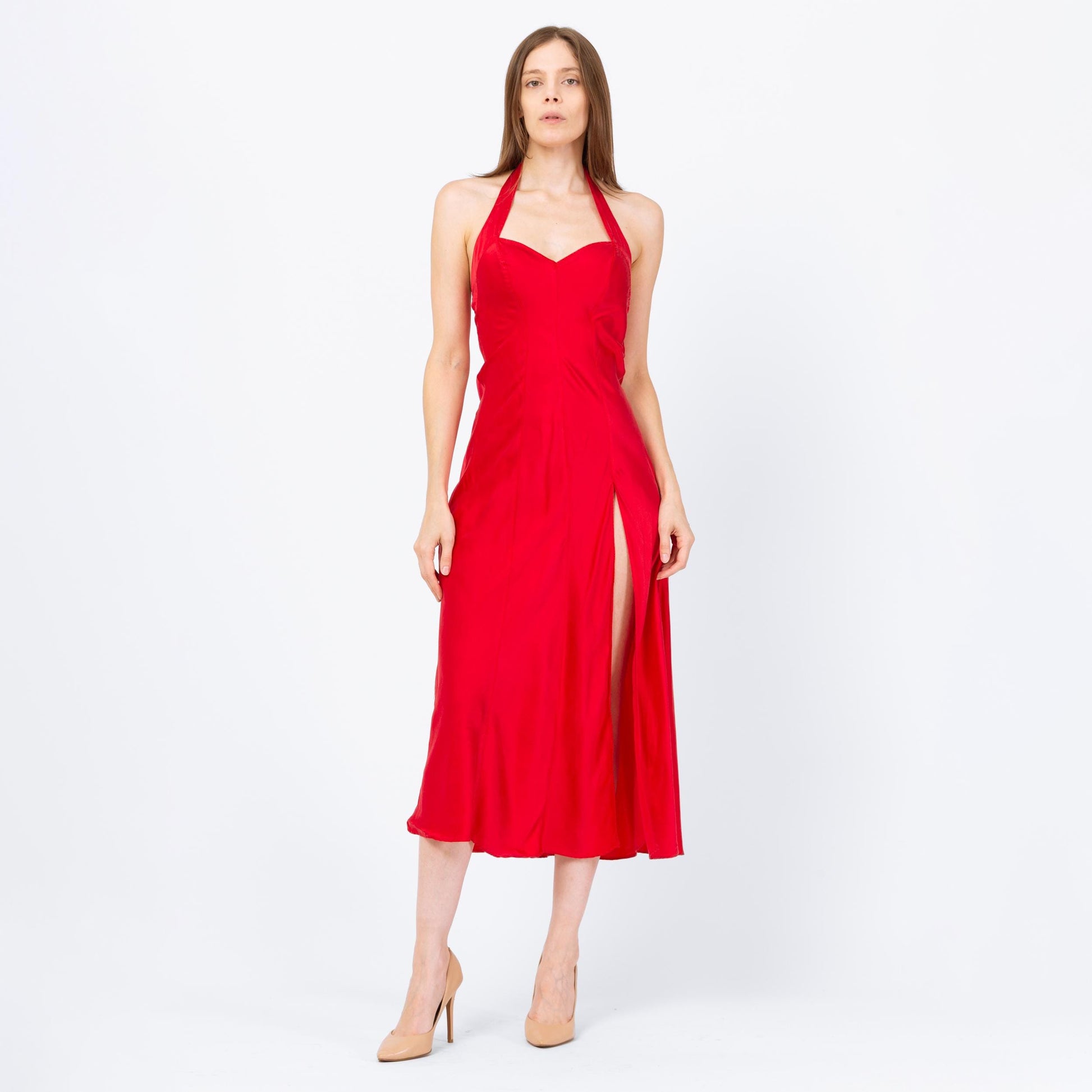 Vintage 90s Victoria's Secret Red Silk Halter Nightgown - Extra Small | Pinup Negligee Nightie Maxi Sexy High Slit Slip Dress
