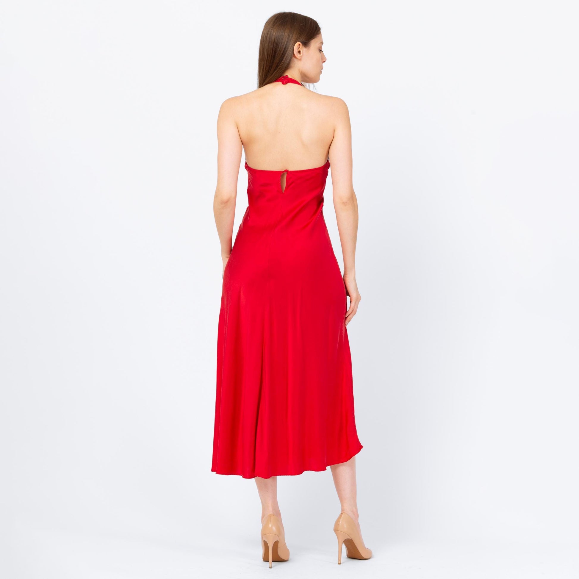 Vintage 90s Victoria's Secret Red Silk Halter Nightgown - Extra Small | Pinup Negligee Nightie Maxi Sexy High Slit Slip Dress