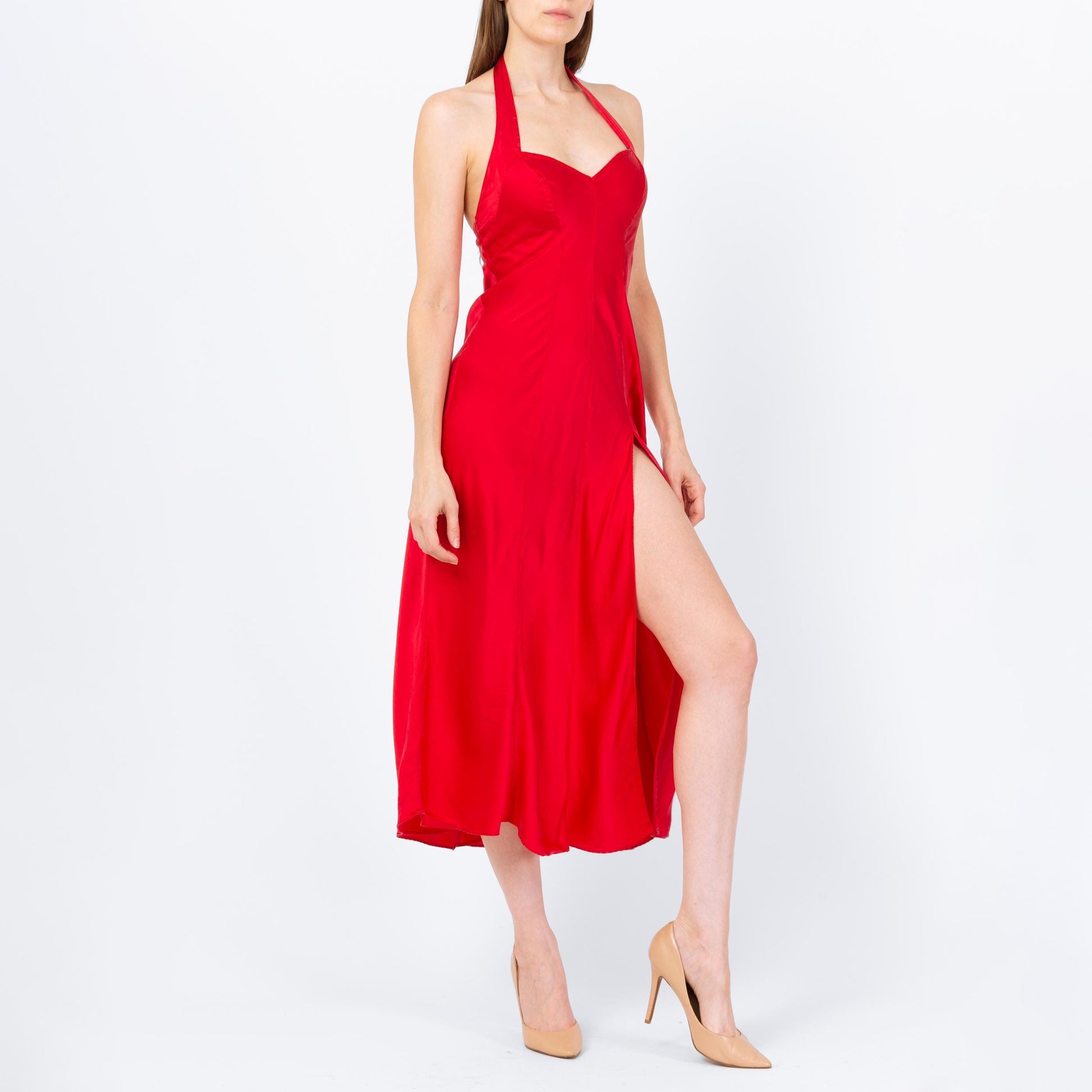 Vintage 90s Victoria's Secret Red Silk Halter Nightgown - Extra Small | Pinup Negligee Nightie Maxi Sexy High Slit Slip Dress