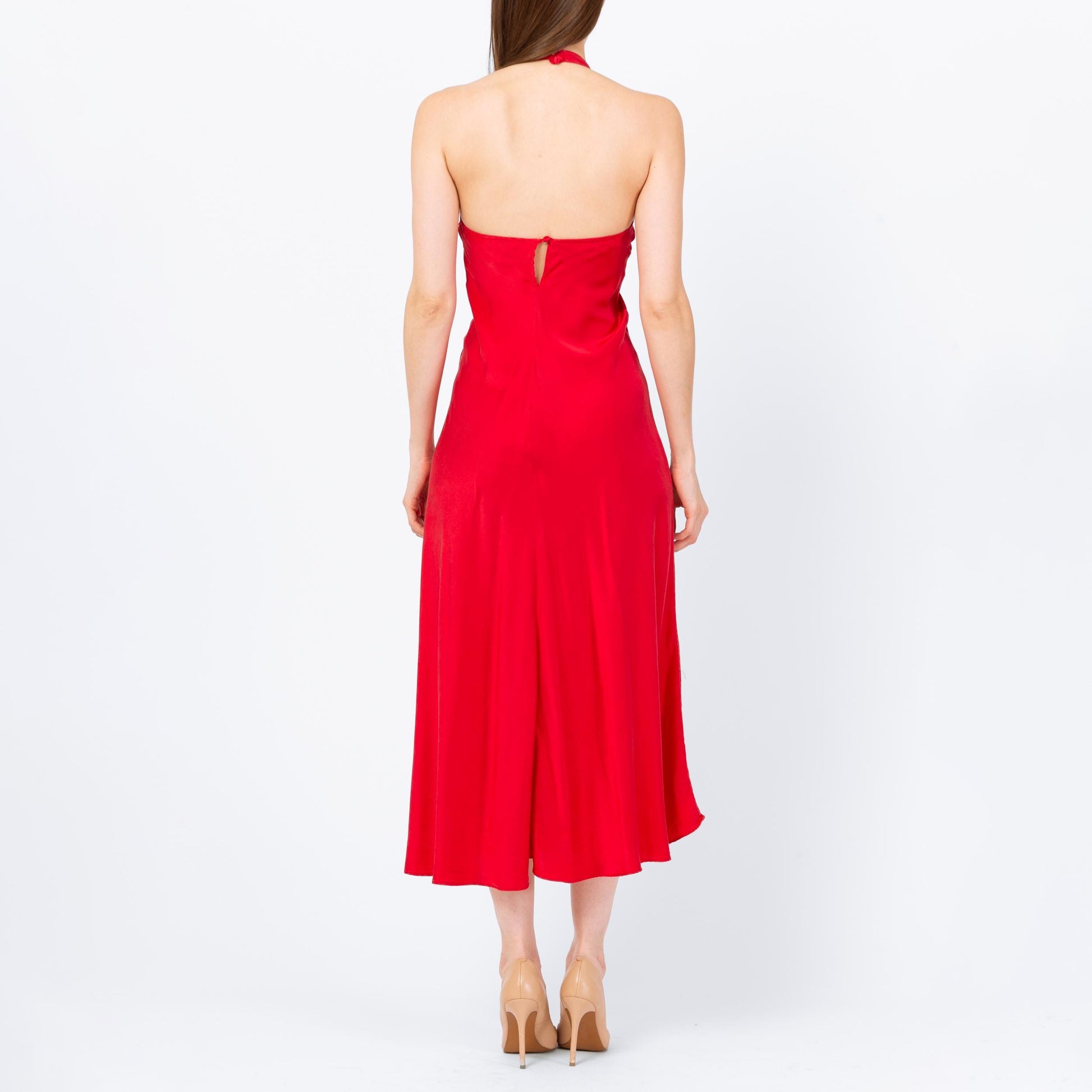 Vintage 90s Victoria's Secret Red Silk Halter Nightgown - Extra Small | Pinup Negligee Nightie Maxi Sexy High Slit Slip Dress