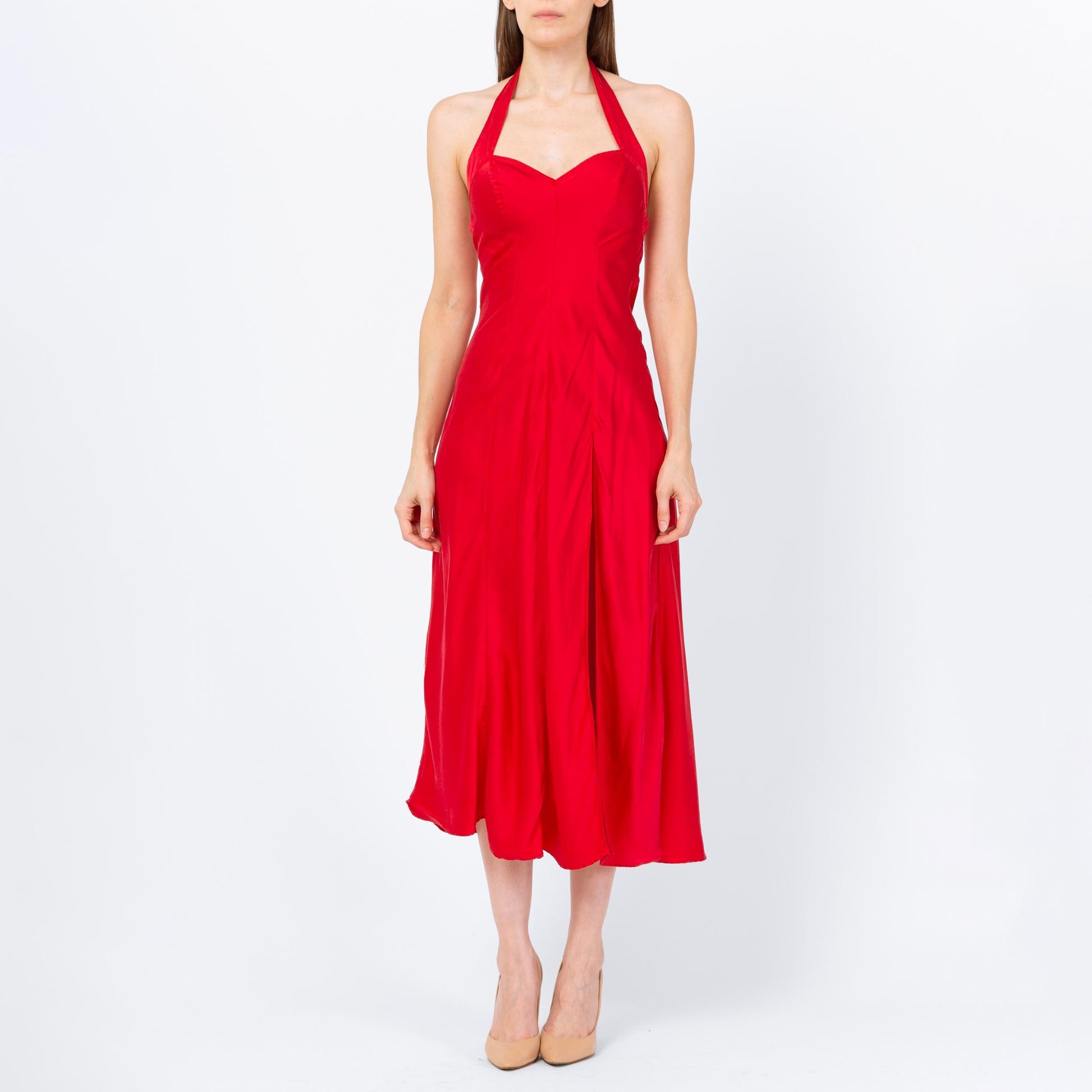 Vintage 90s Victoria's Secret Red Silk Halter Nightgown - Extra Small | Pinup Negligee Nightie Maxi Sexy High Slit Slip Dress