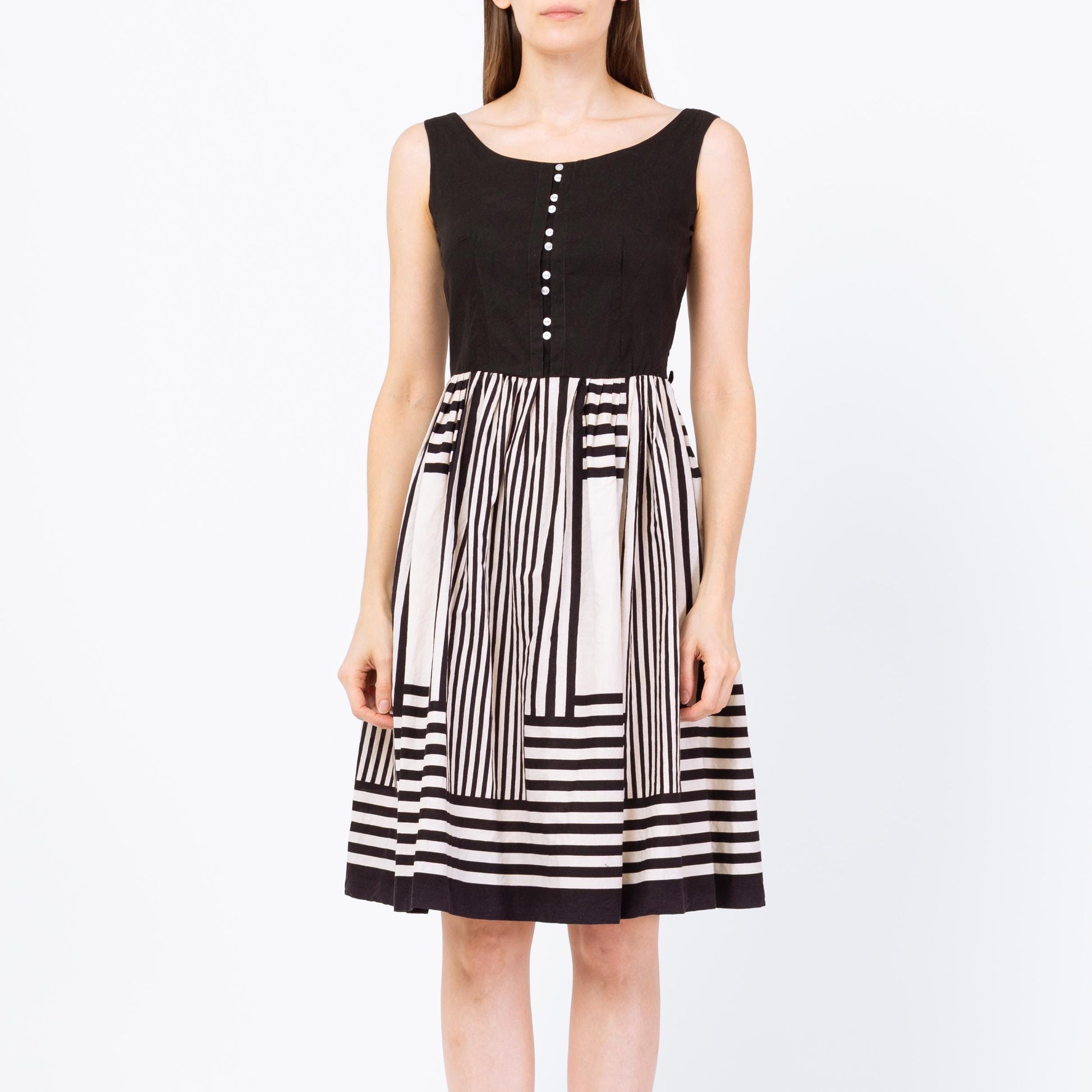 Vintage 50s Black & White Striped Day Dress - Extra Small | Retro Judy Palmer Sleeveless Knee Length Fit Flare Dress