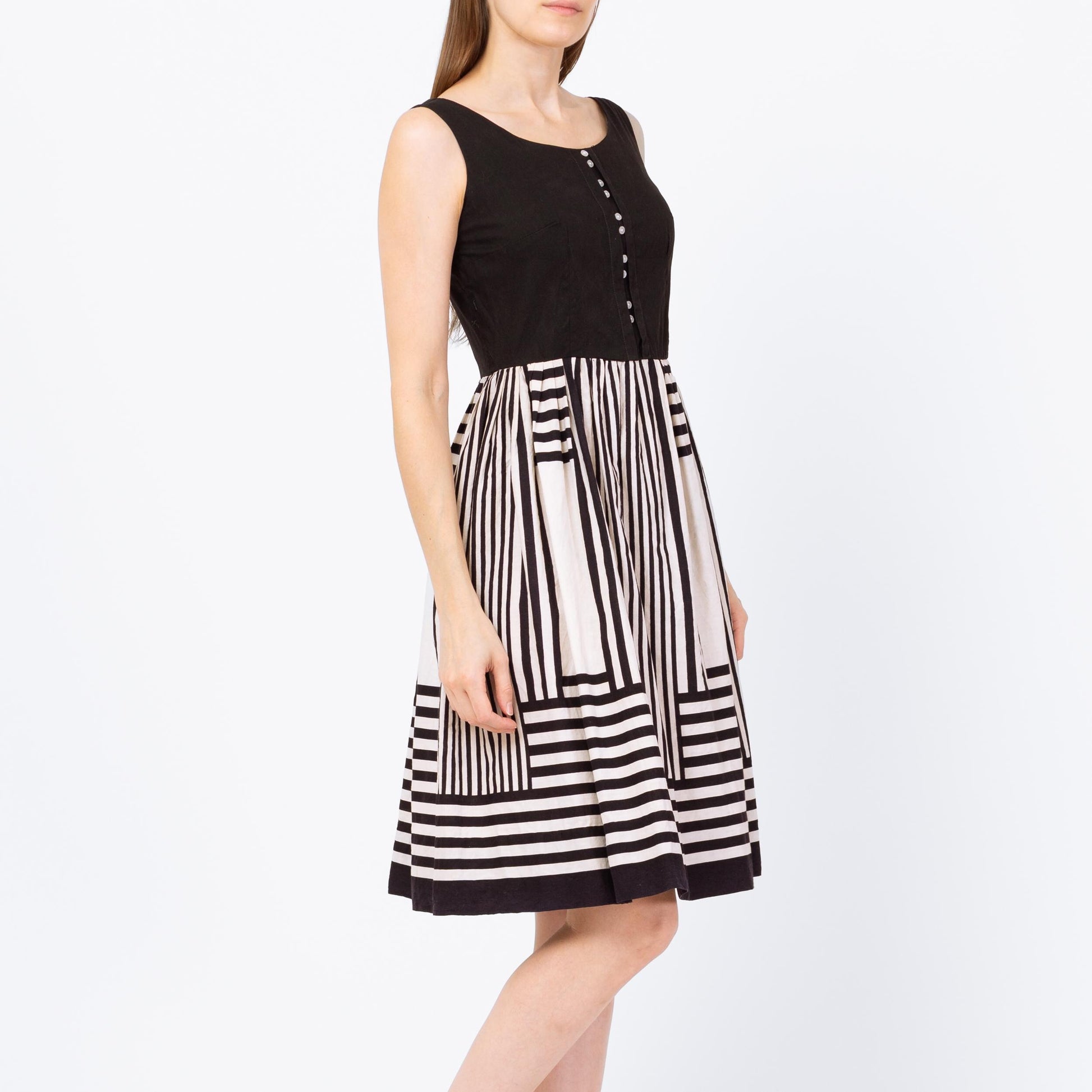 Vintage 50s Black & White Striped Day Dress - Extra Small | Retro Judy Palmer Sleeveless Knee Length Fit Flare Dress
