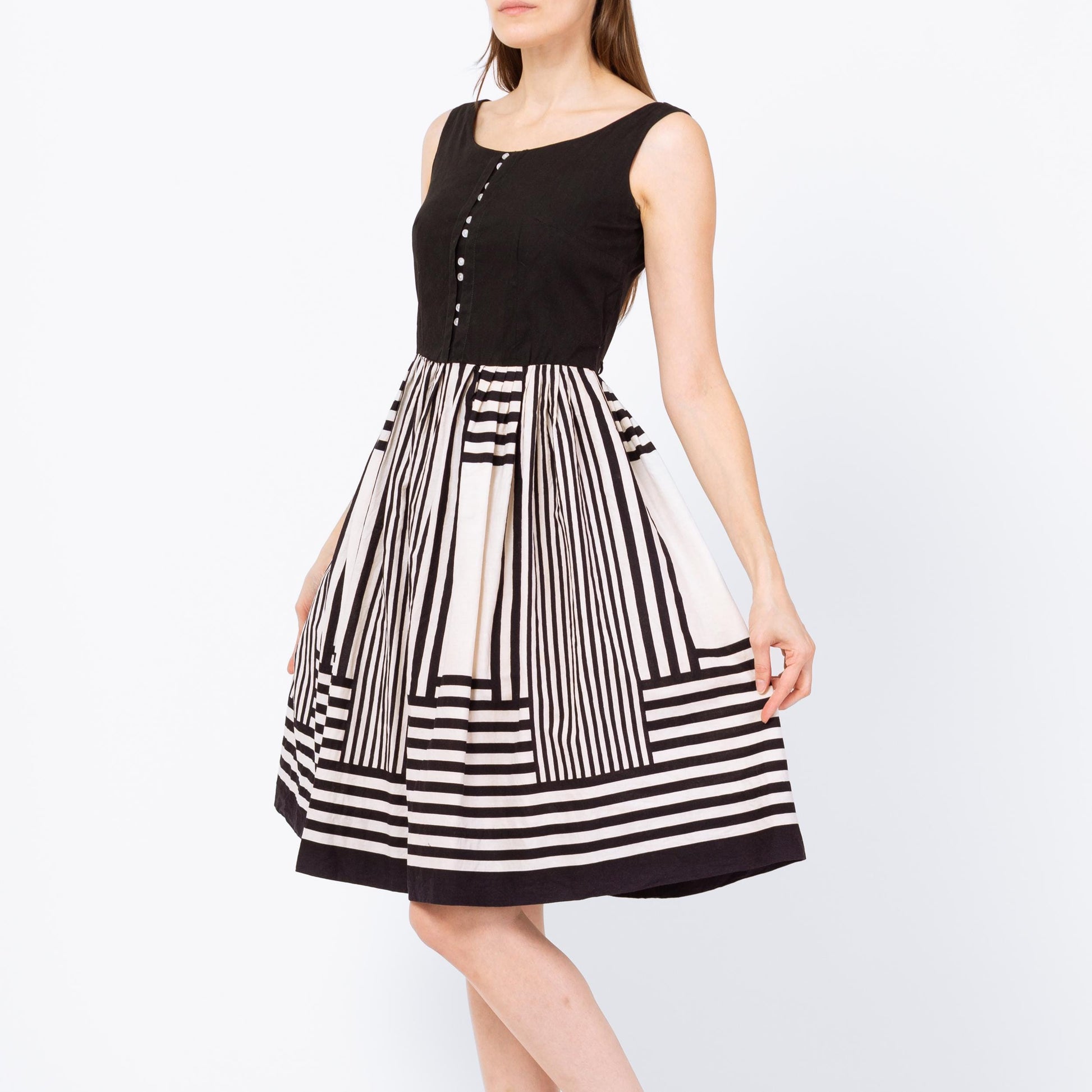 Vintage 50s Black & White Striped Day Dress - Extra Small | Retro Judy Palmer Sleeveless Knee Length Fit Flare Dress