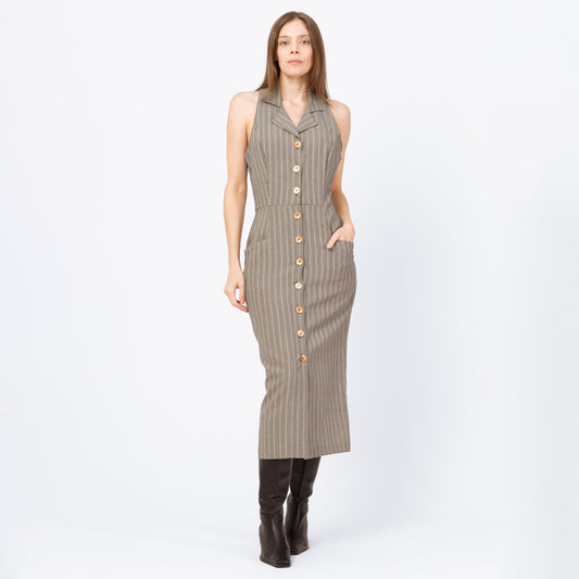 Vintage 90s Grey Pinstriped Keyhole Racerback Maxi Dress - Small | Minimalist Sleeveless Collared Button Front Dress