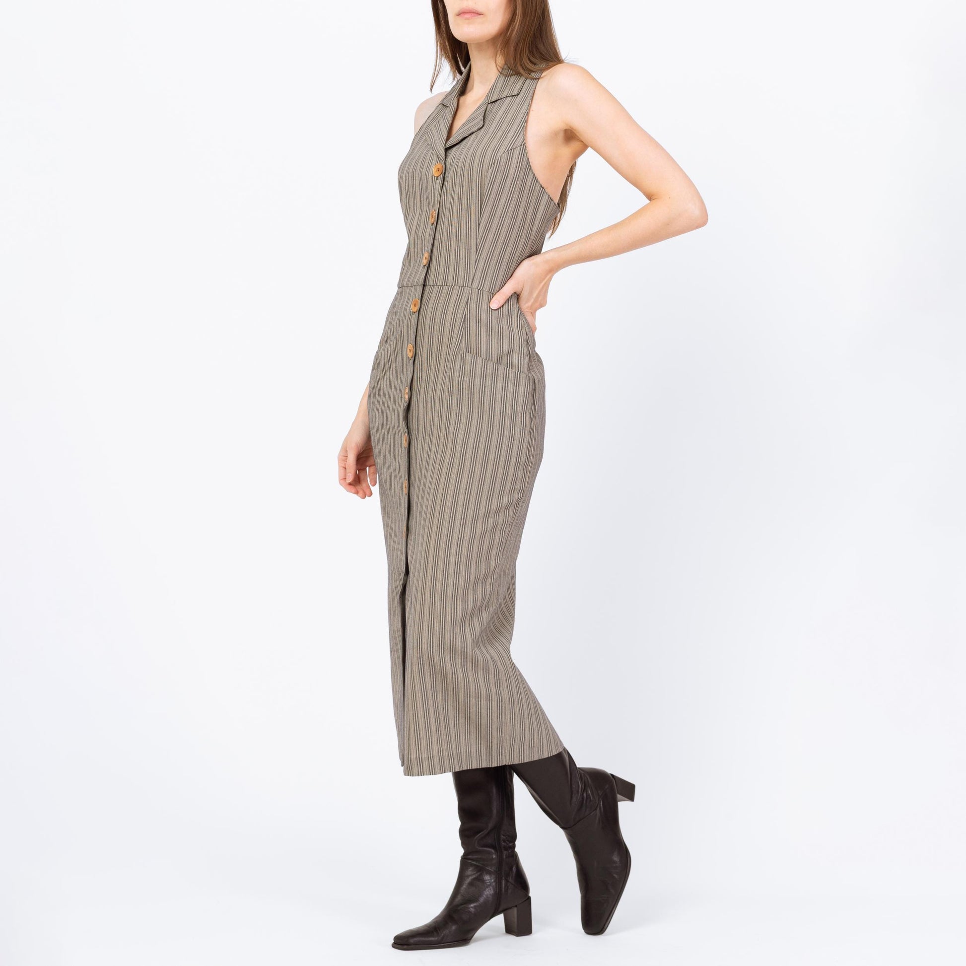 Vintage 90s Grey Pinstriped Keyhole Racerback Maxi Dress - Small | Minimalist Sleeveless Collared Button Front Dress