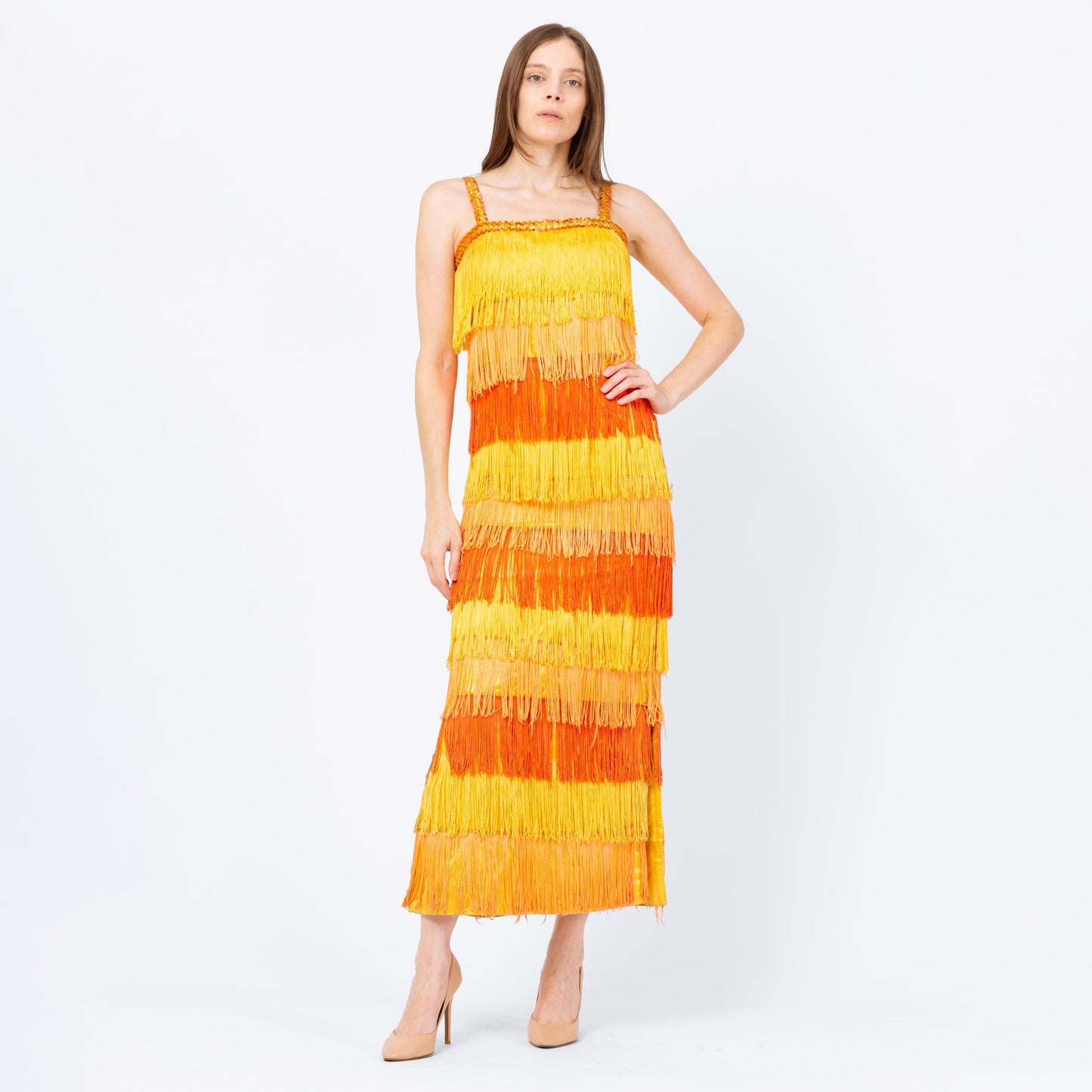 Vintage 60s Yellow & Orange Fringe Flapper Dress - Extra Small | 1920s Gatsby Maxi Costume Dress