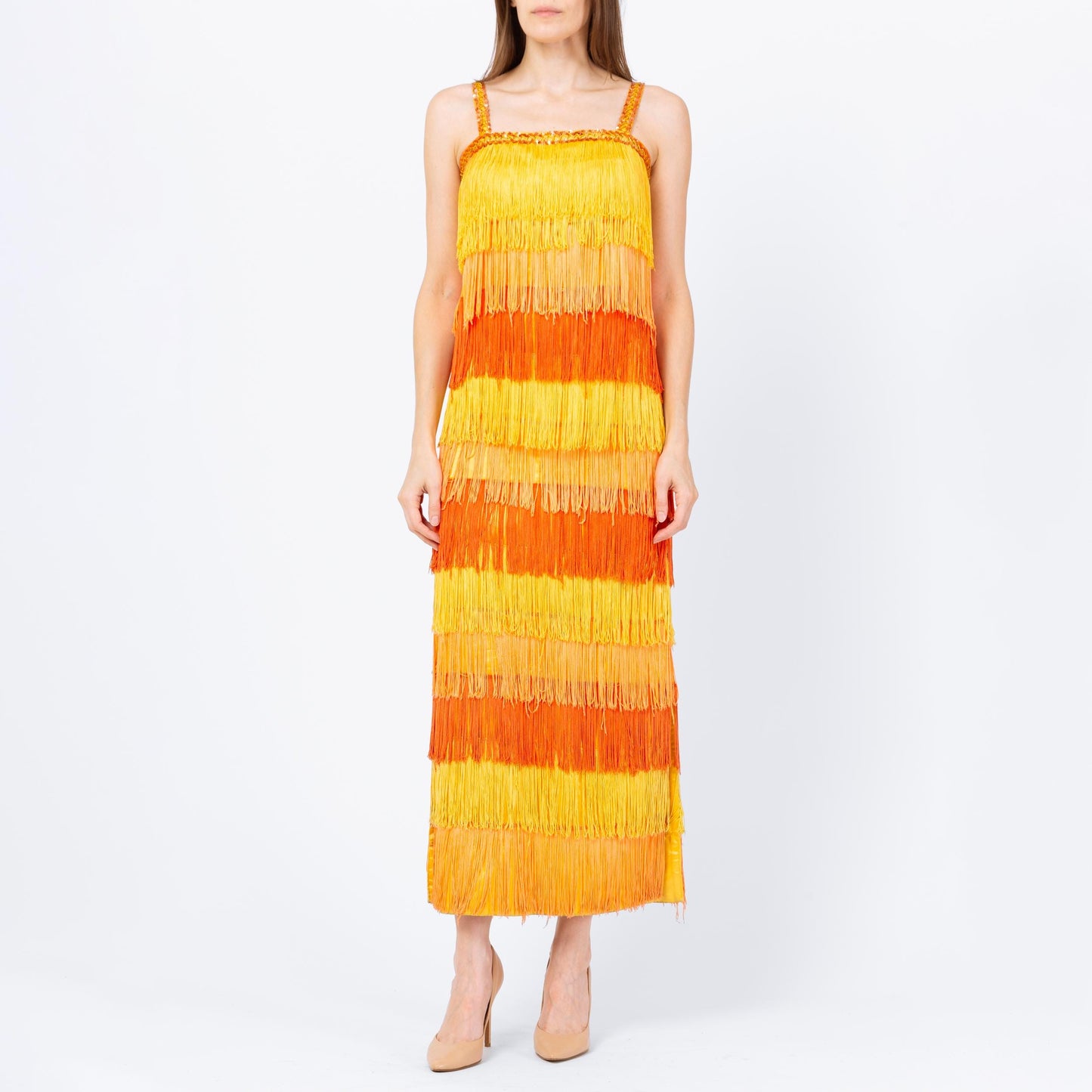 Vintage 60s Yellow & Orange Fringe Flapper Dress - Extra Small | 1920s Gatsby Maxi Costume Dress