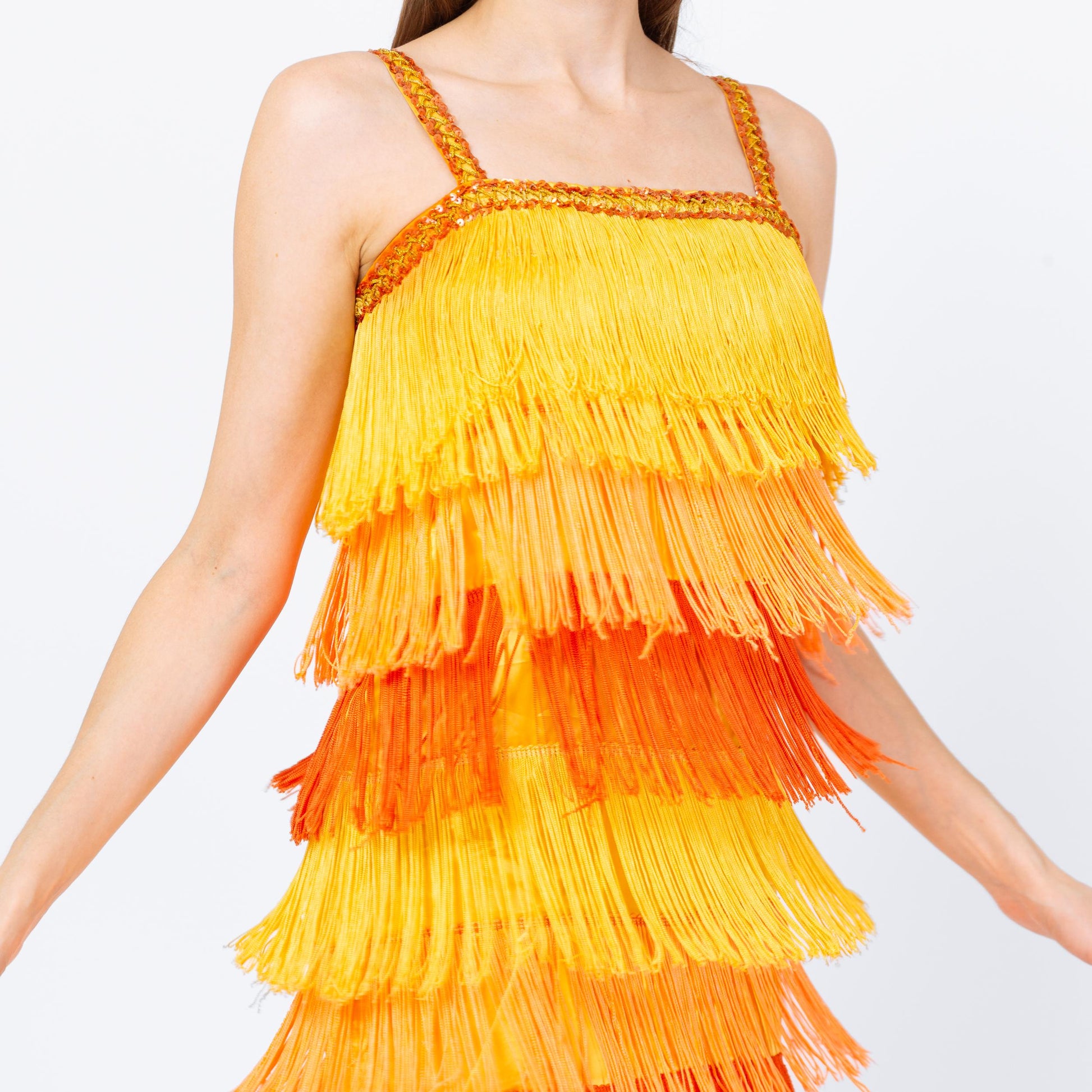 Vintage 60s Yellow & Orange Fringe Flapper Dress - Extra Small | 1920s Gatsby Maxi Costume Dress