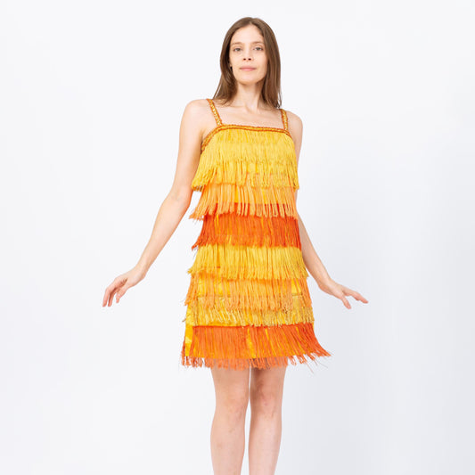 Vintage 60s Yellow & Orange Fringe Flapper Dress - Extra Small | 1920s Gatsby Mini Costume Dress