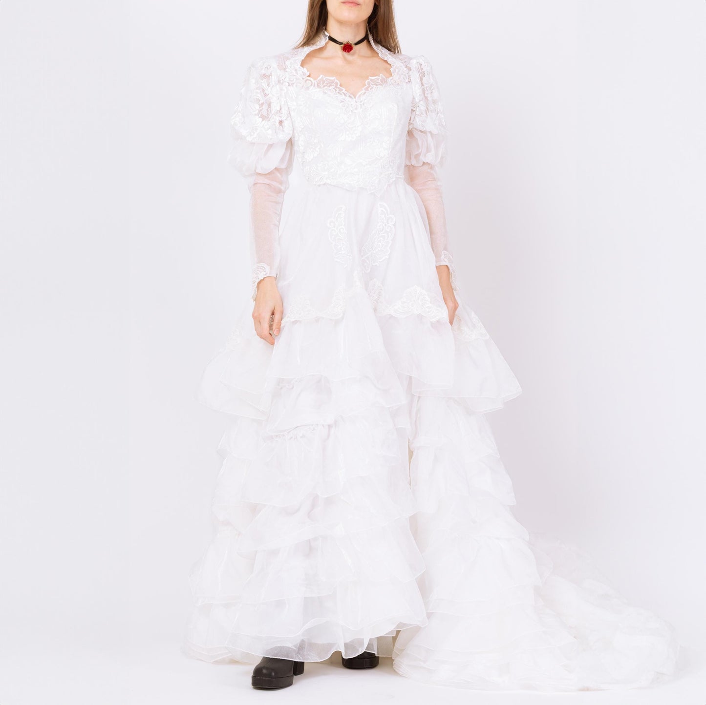 Vintage 80s White Organza Princess Wedding Dress - Small | 1980s Puff Sleeve Sheer Lace Sweetheart Neck Bridal Gown
