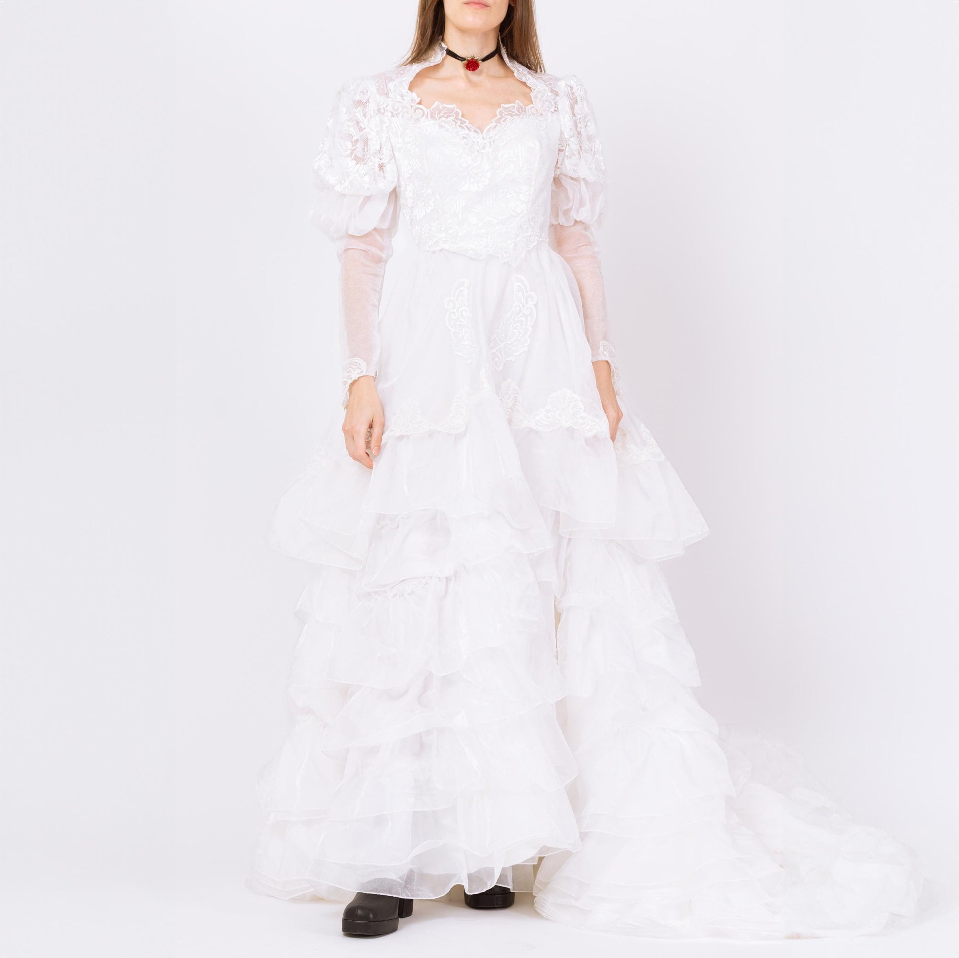Vintage 80s White Organza Princess Wedding Dress - Small | 1980s Puff Sleeve Sheer Lace Sweetheart Neck Bridal Gown