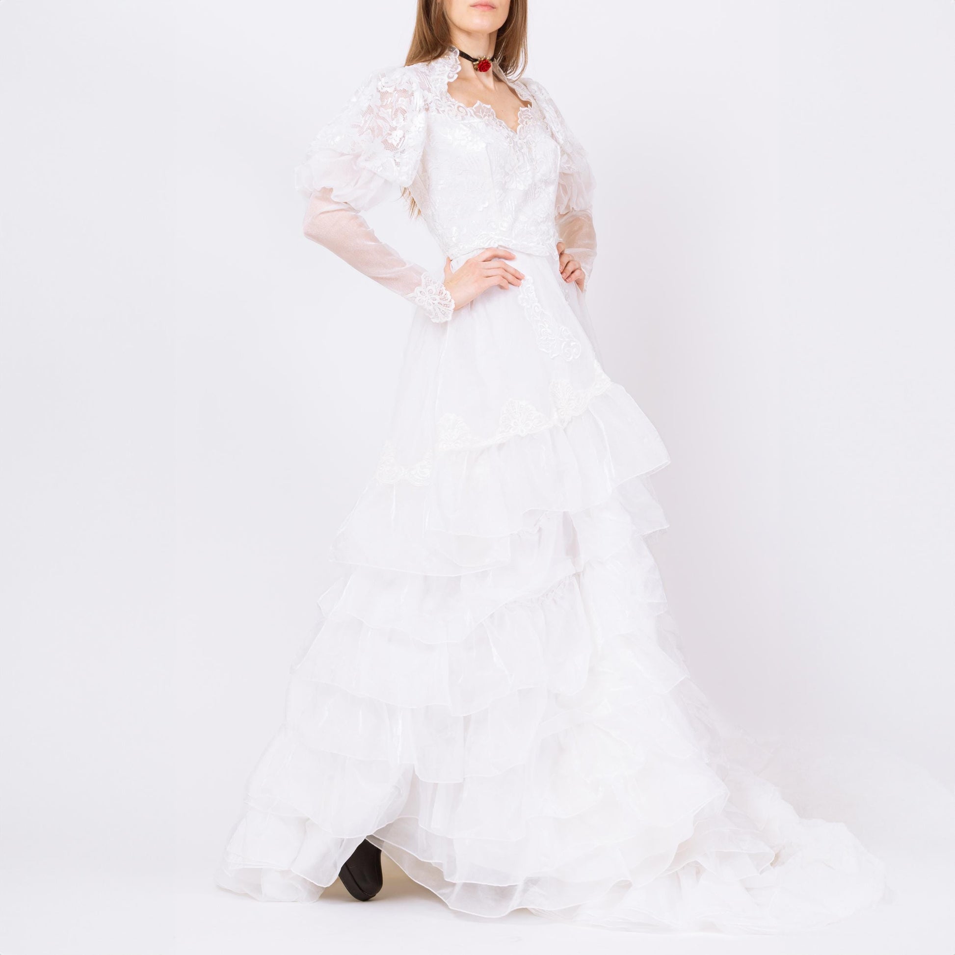 Vintage 80s White Organza Princess Wedding Dress - Small | 1980s Puff Sleeve Sheer Lace Sweetheart Neck Bridal Gown