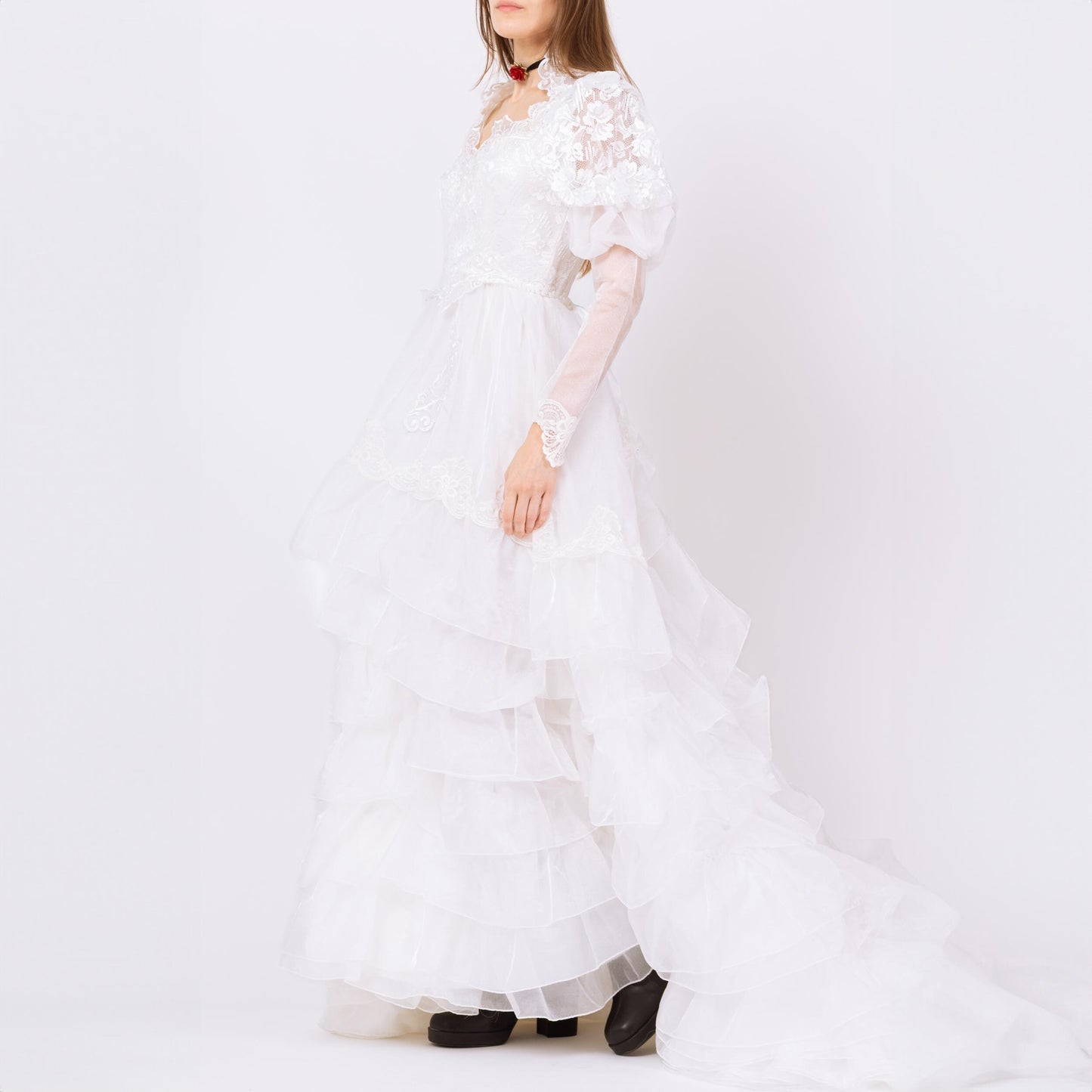 Vintage 80s White Organza Princess Wedding Dress - Small | 1980s Puff Sleeve Sheer Lace Sweetheart Neck Bridal Gown