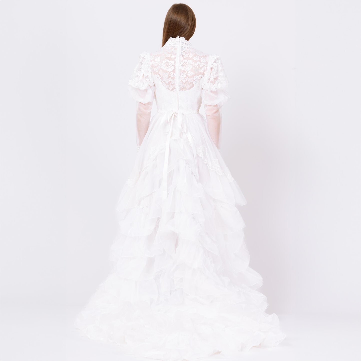 Vintage 80s White Organza Princess Wedding Dress - Small | 1980s Puff Sleeve Sheer Lace Sweetheart Neck Bridal Gown