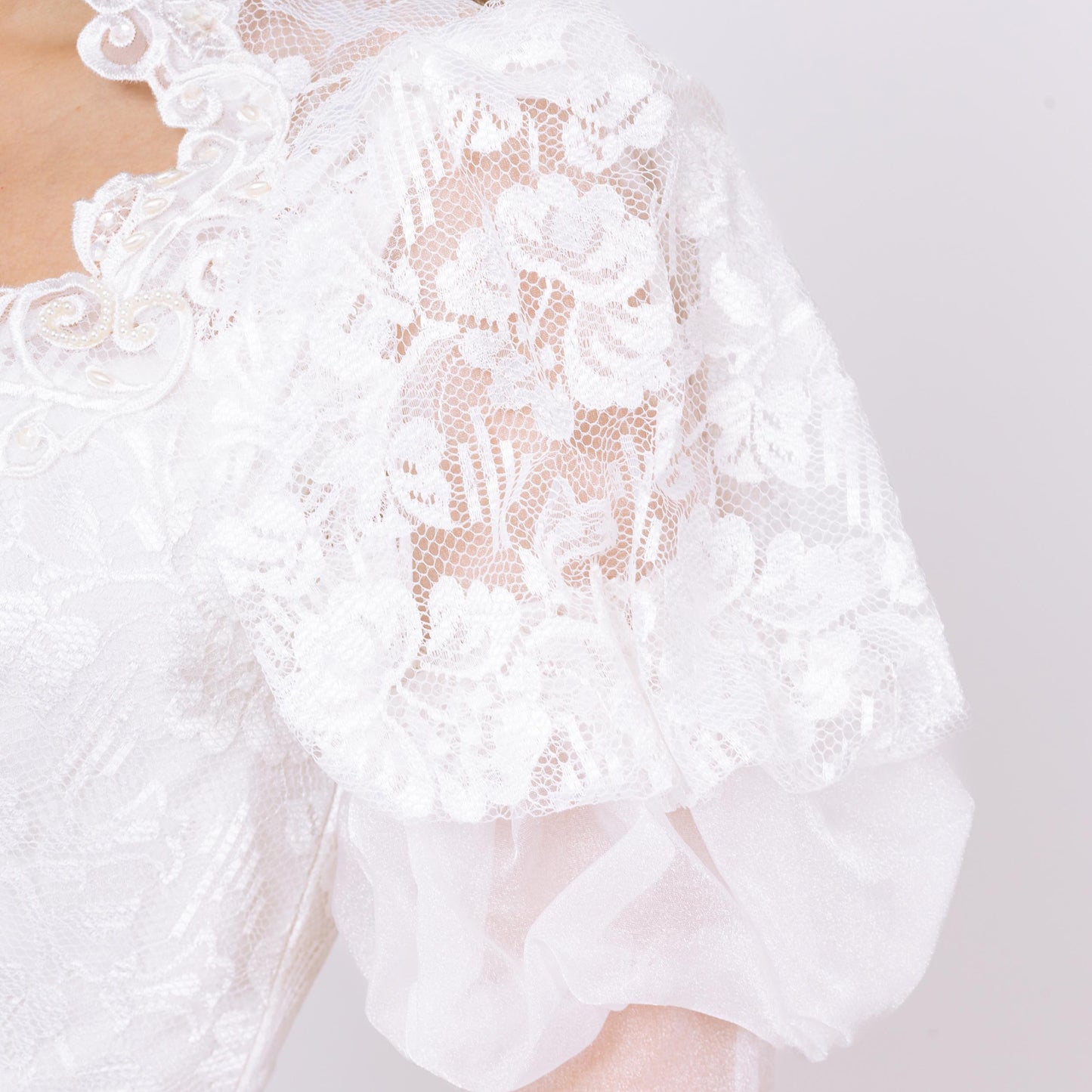 Vintage 80s White Organza Princess Wedding Dress - Small | 1980s Puff Sleeve Sheer Lace Sweetheart Neck Bridal Gown