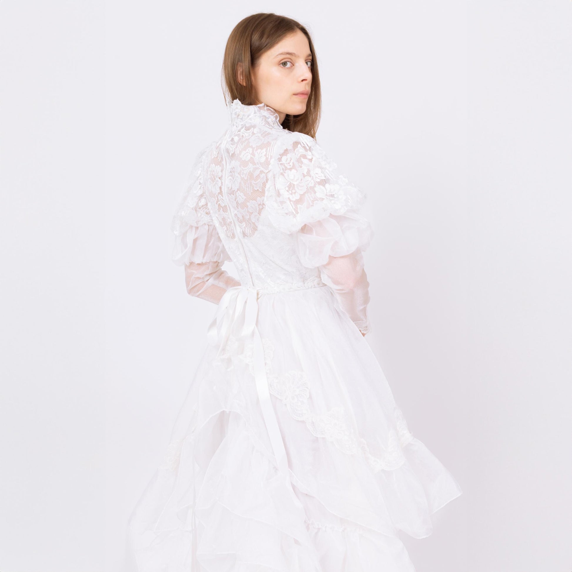 Vintage 80s White Organza Princess Wedding Dress - Small | 1980s Puff Sleeve Sheer Lace Sweetheart Neck Bridal Gown